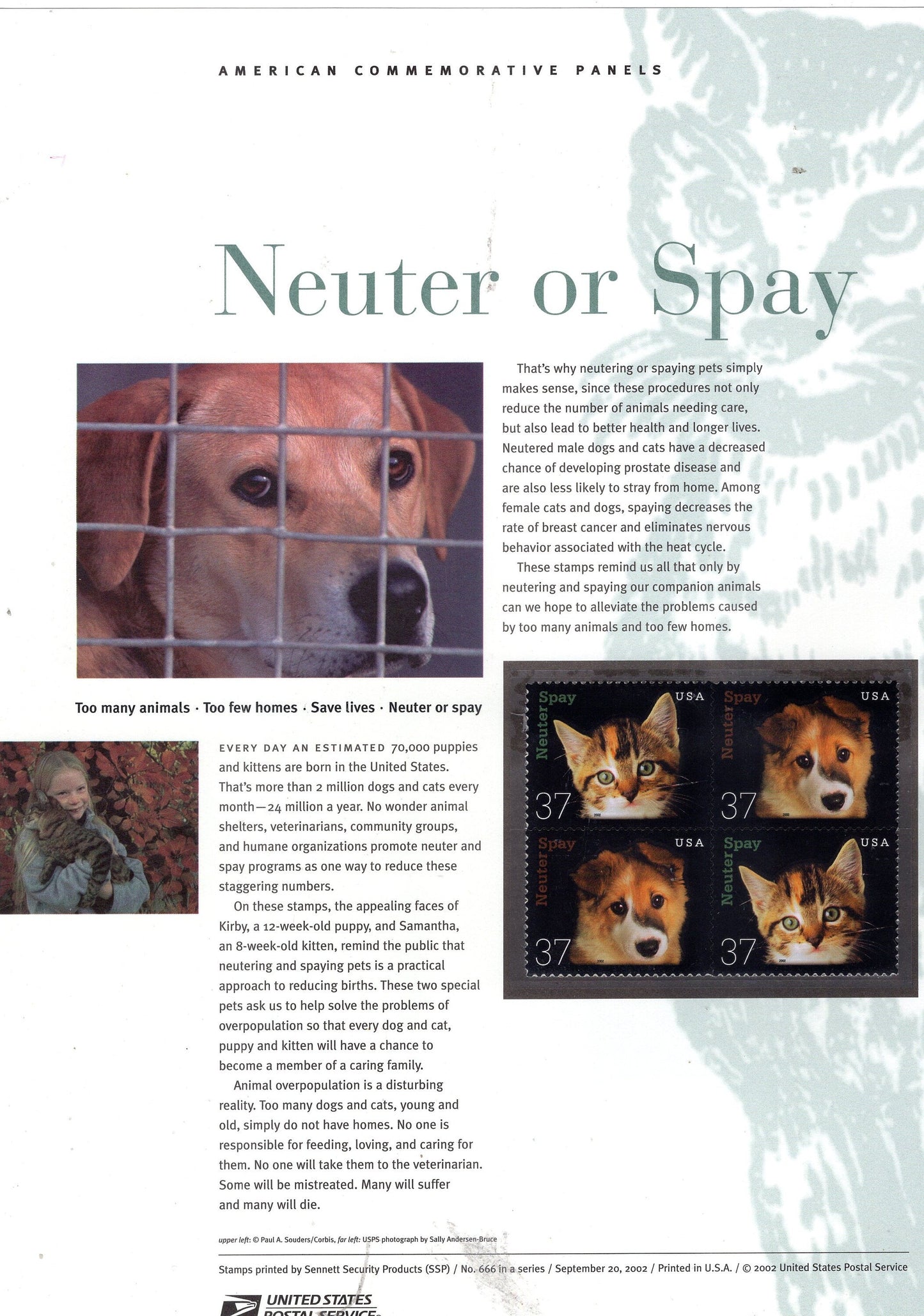 PETS SPAY NEUTER Dog Cat Commemorative Panel w/ Block of 4 Stck# 666