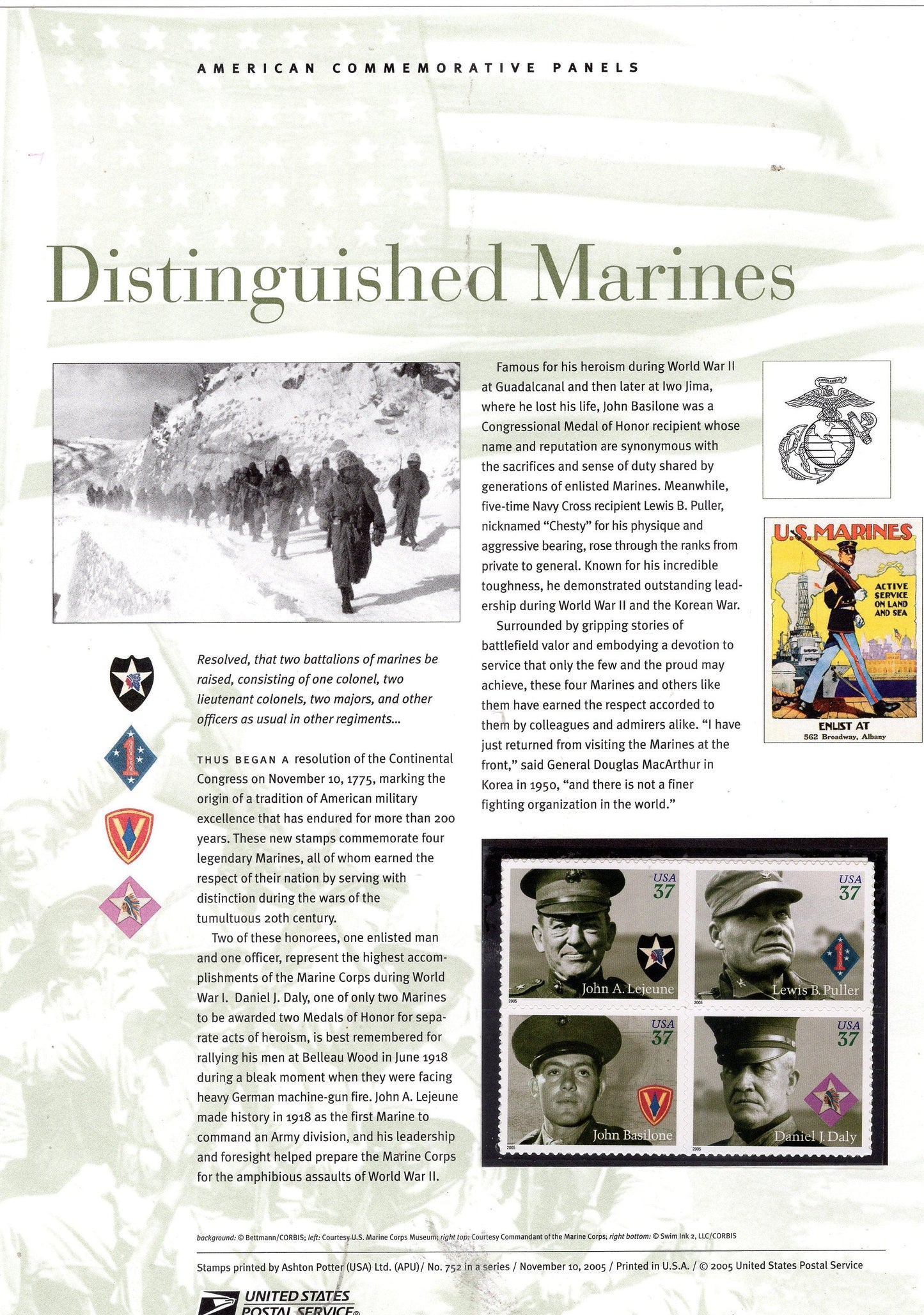 DISTINGUISHED MARINES MILITARY Commemorative Panel w/ Block of 4 # 752