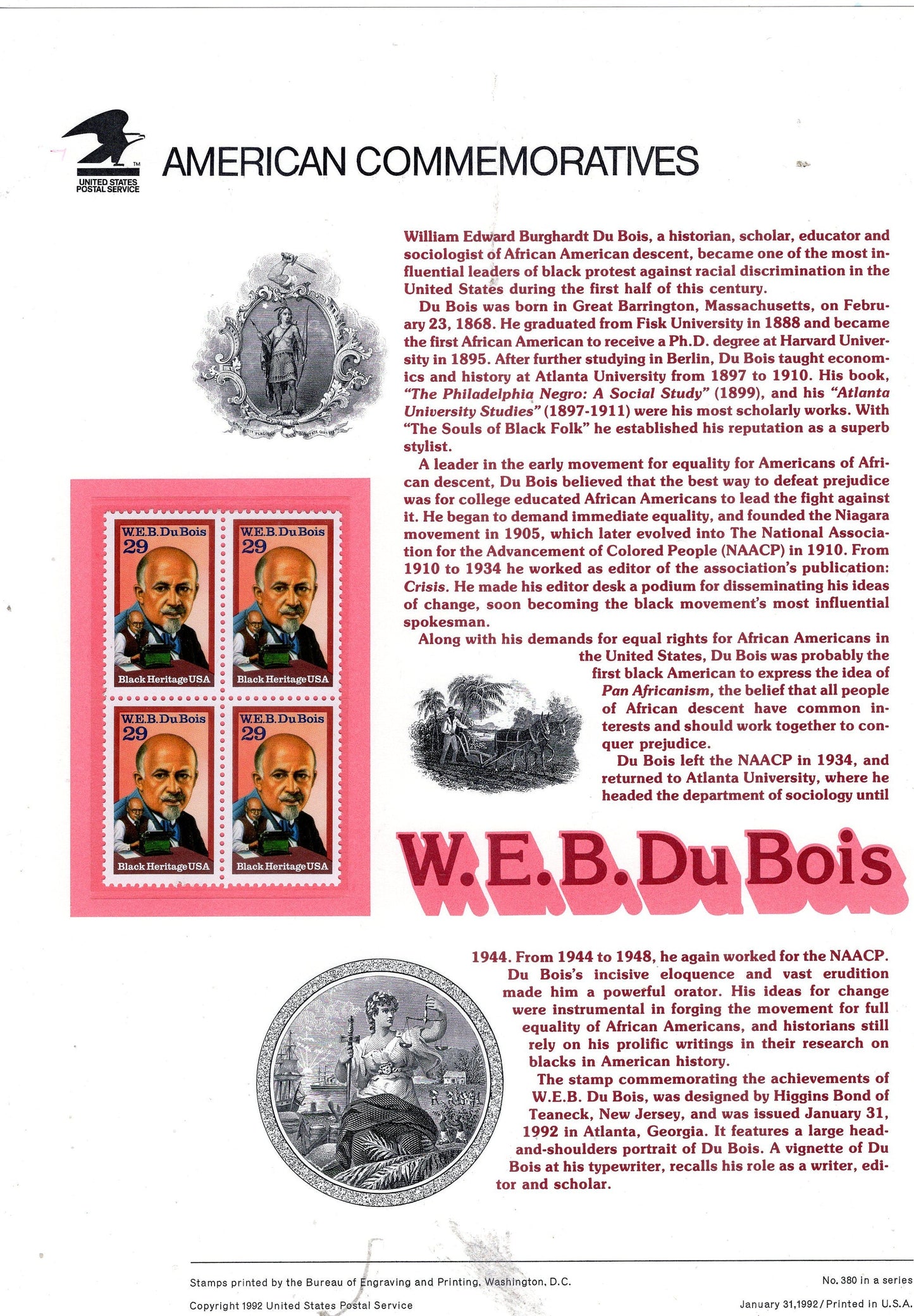 W.E.B. DeBois BLACK HERITAGE Rights Commemorative Panel w/Block of 4 - #380
