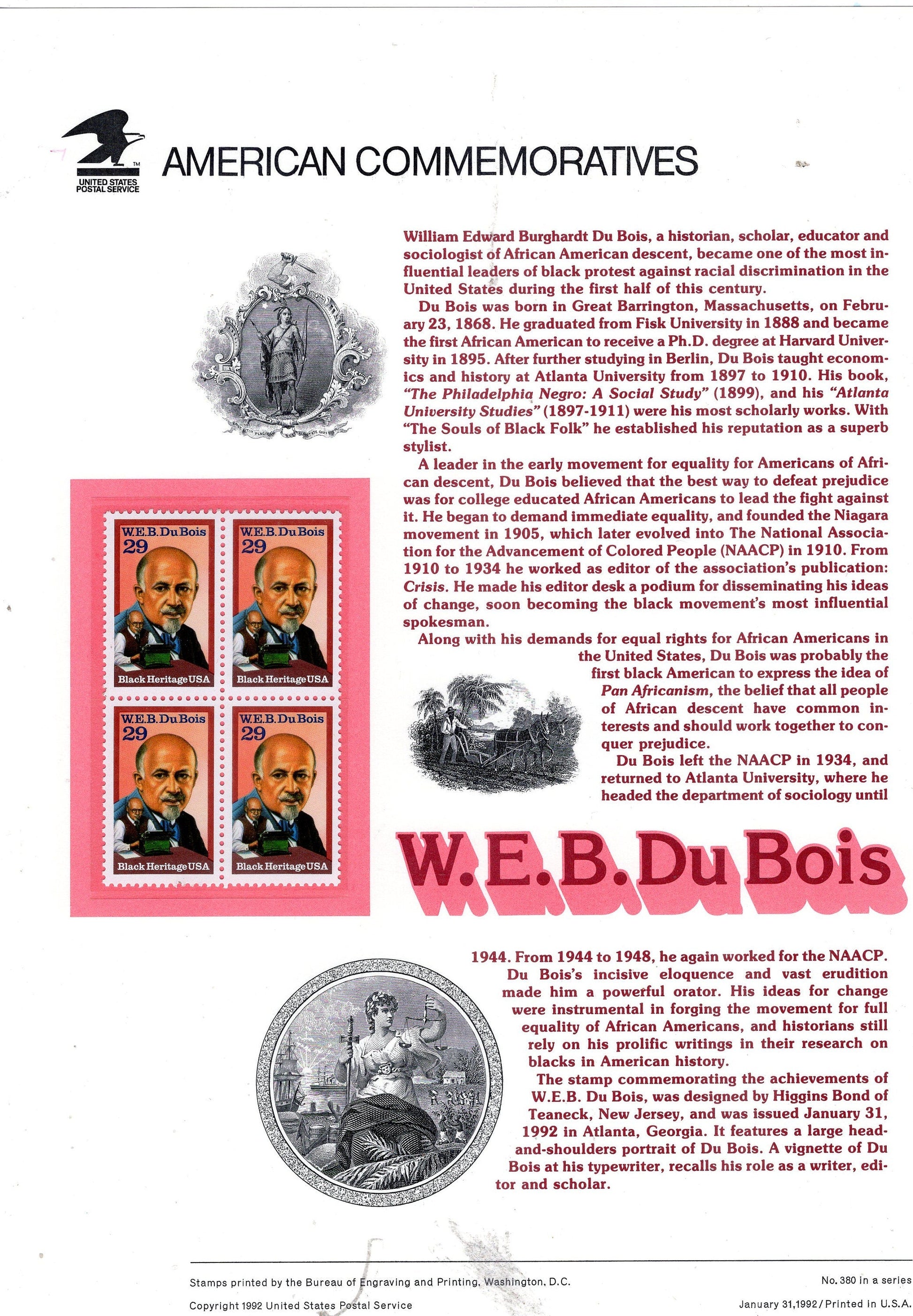 W.E.B. DeBois BLACK HERITAGE Rights Commemorative Panel w/Block of 4 - #380