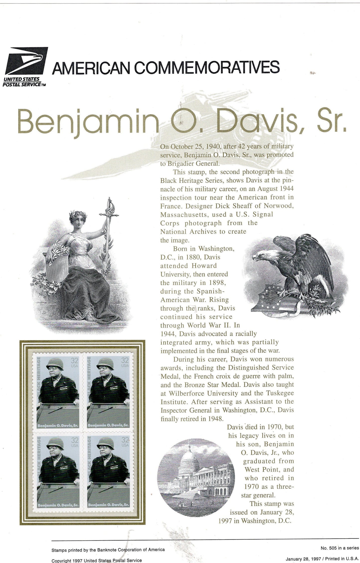 Gen. BENJAMIN DAVIS BLACK Heritage Commemorative Panel w/Block of 4 - #505