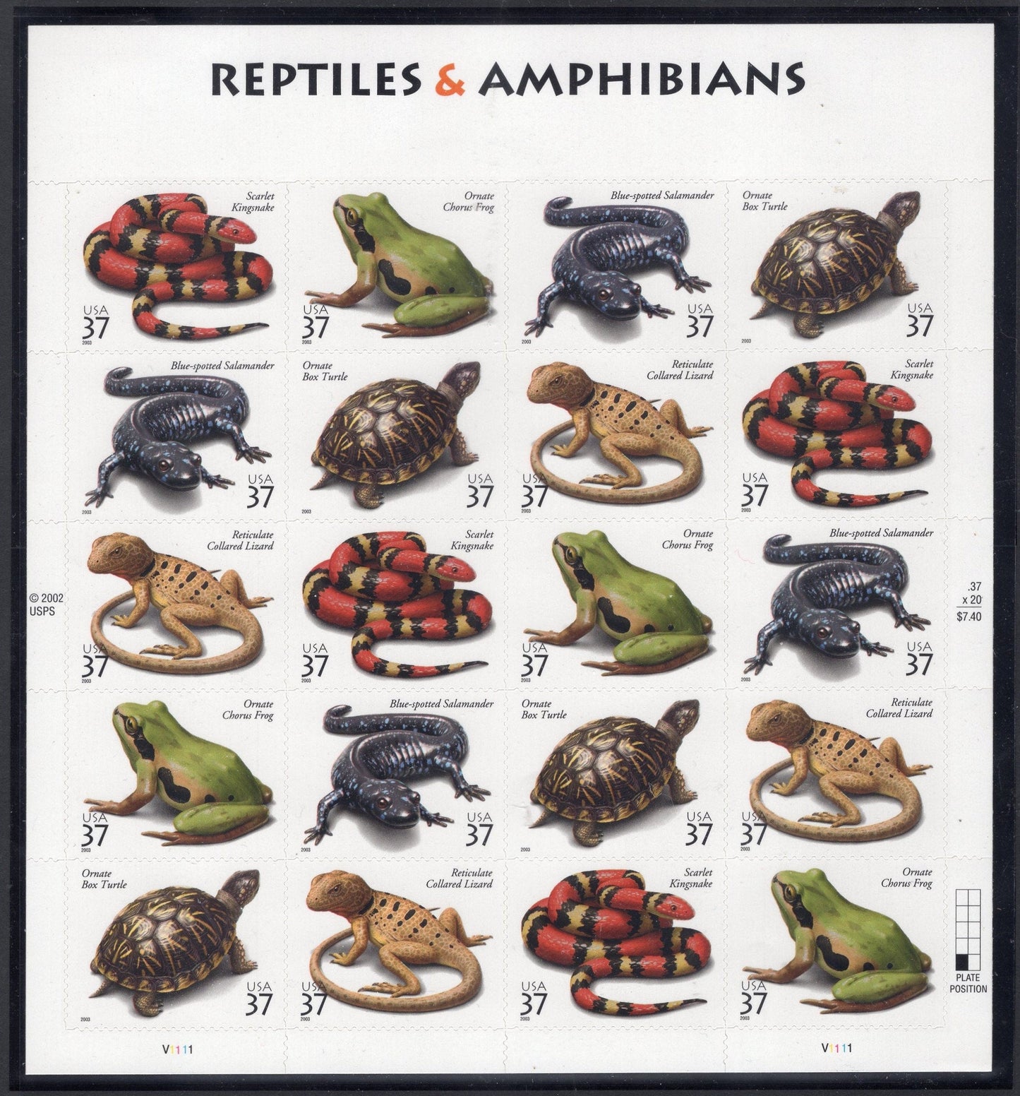 REPTILES inc TURTLE KINGSNAKE Frog Salamander Lizard Decorative Sheet of 20 - 37c