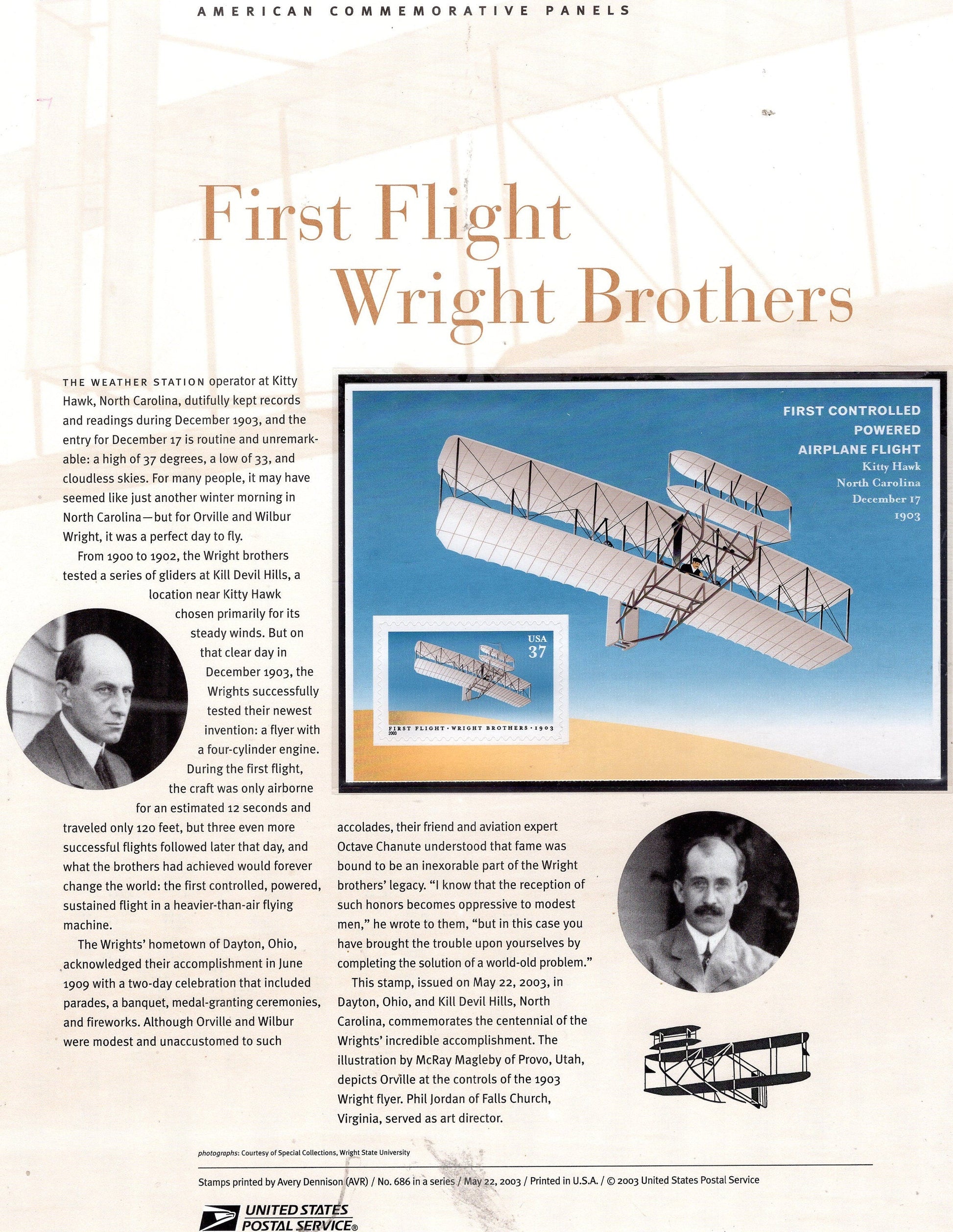 WRIGHT BROTHERS FLIGHT Kitty Hawk Commemorative Panel w/ Pane of 1 #686