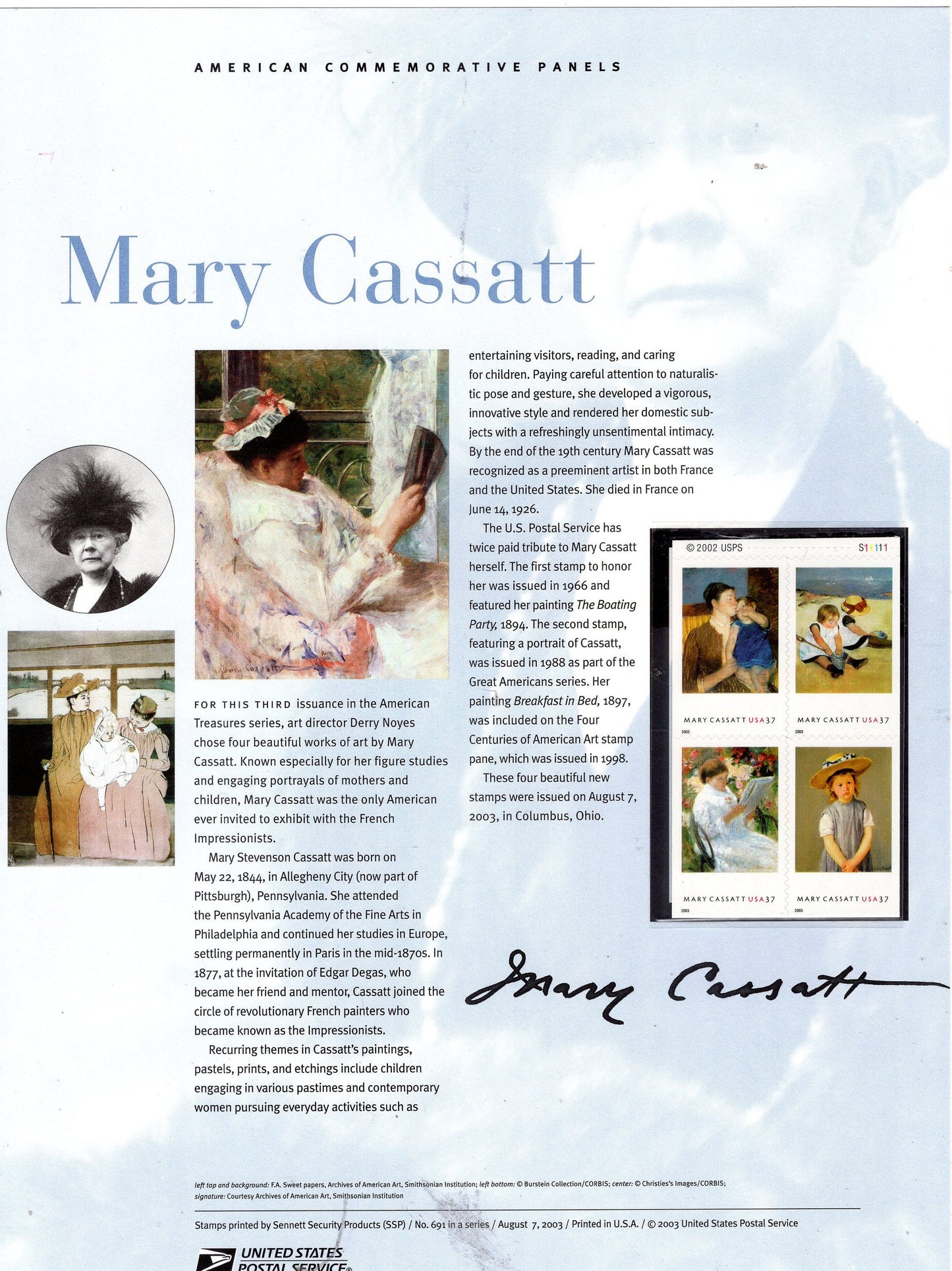 MARY CASSATT PAINTINGS Art Commemorative Panel w/ Block of 4 691