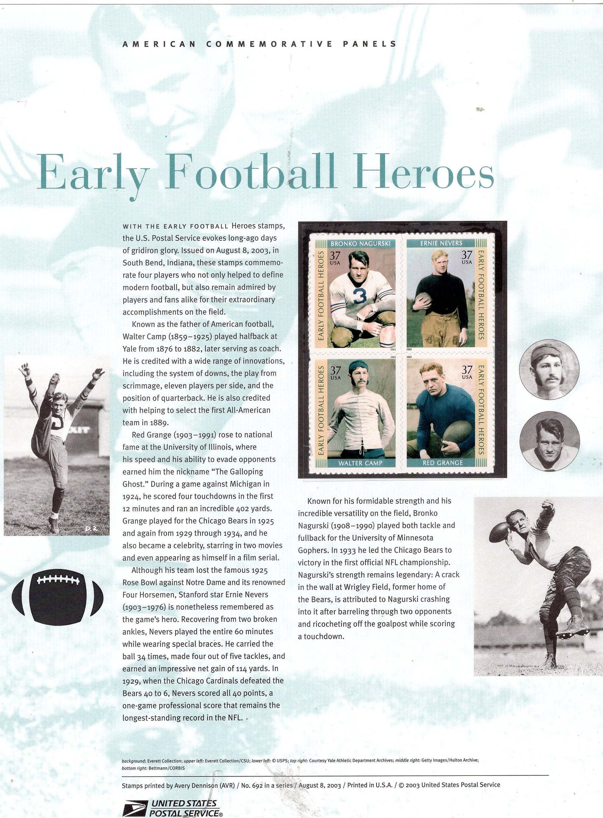 FOOTBALL STARS Nagurski Grange Commemorative Panel w/ Block of 4 692