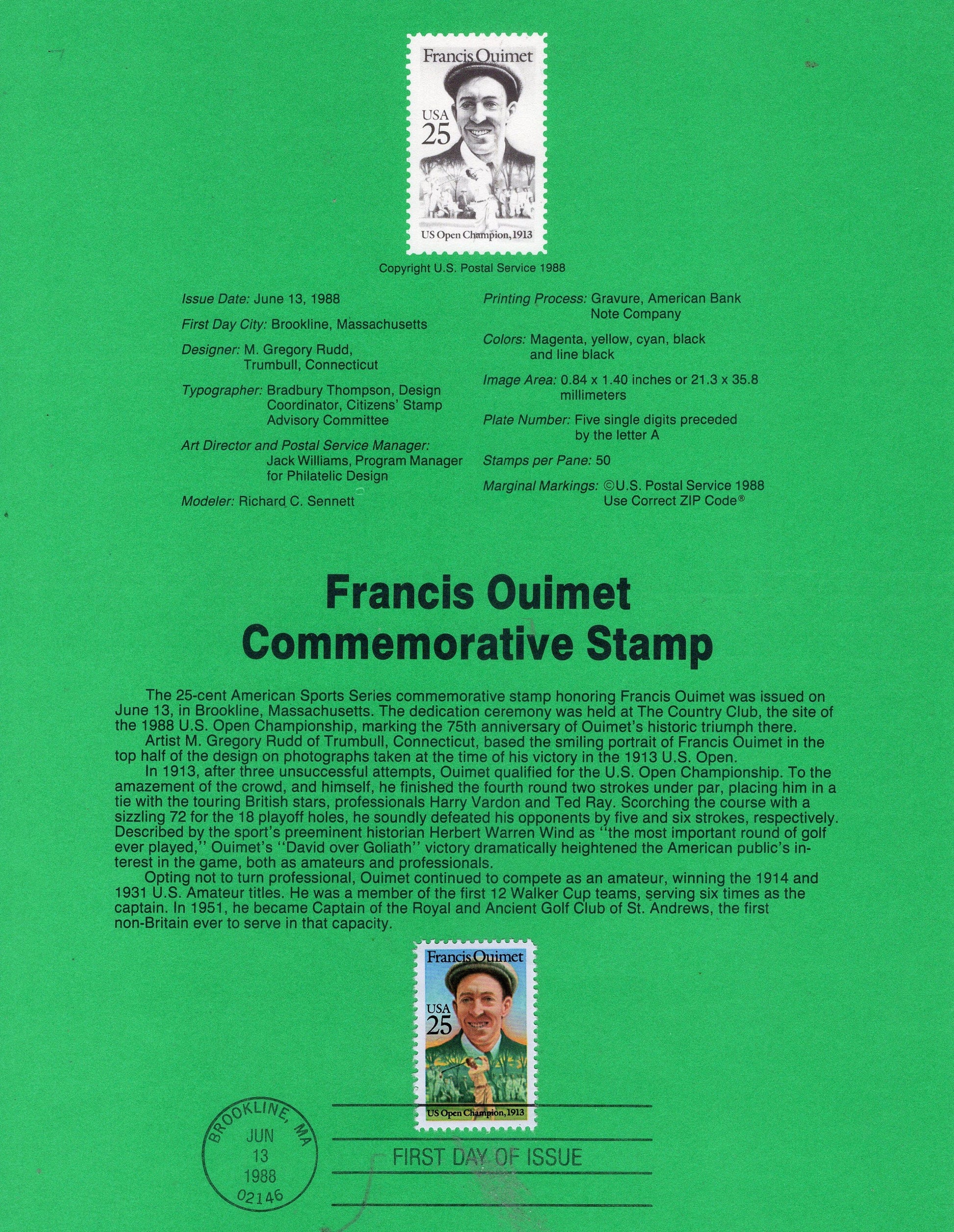 FRANCIS QUIMET GOLF Open Champion Brookline Lowry Official USPs Souvenir Page First Day