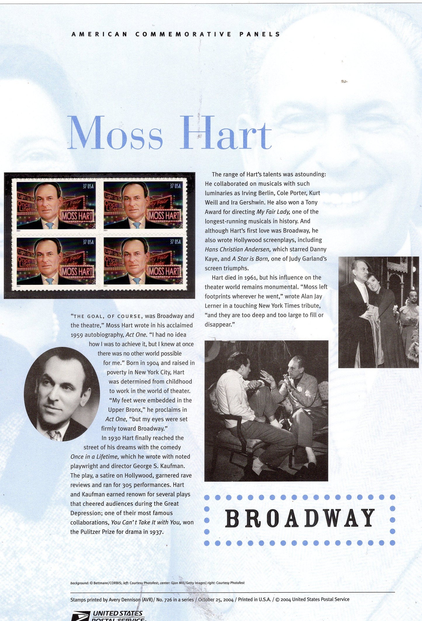 PLAYWRIGHT MOSS HART Broadway Act One Commemorative Panel with Block of 4