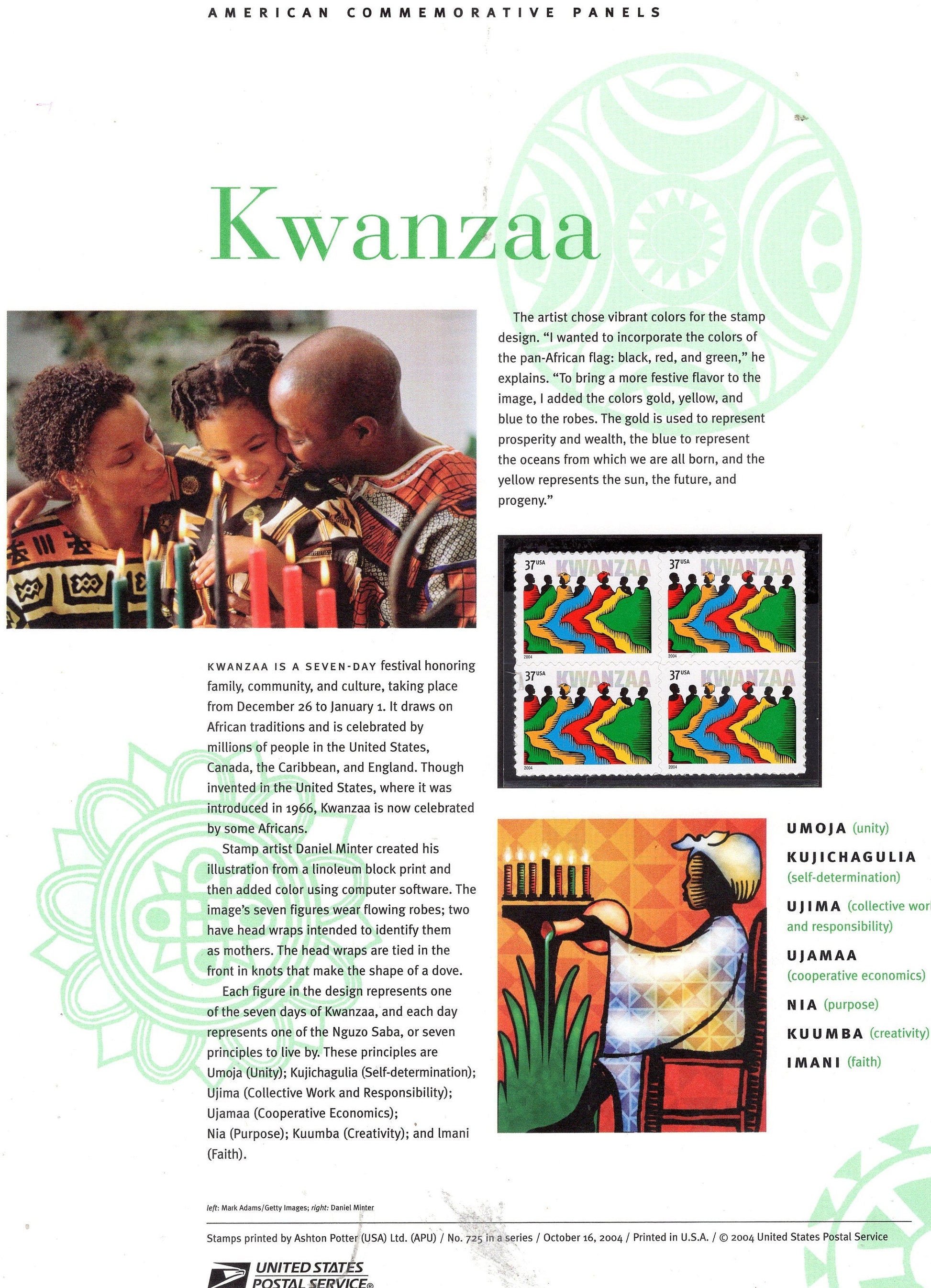 KWANZAA CANDLES FESTIVAL Culture Family Commemorative Panel with Block of 4