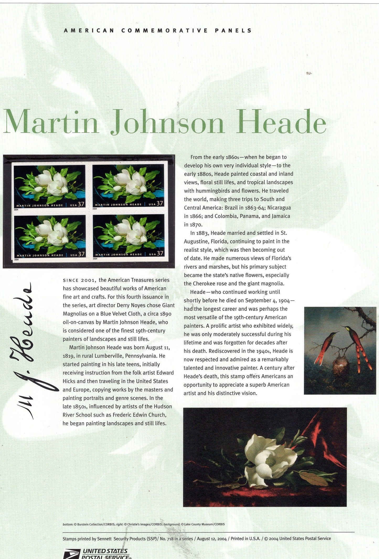 MARTIN HEADE ART Treasures Flowers Art Commemorative Panel with Block of 4