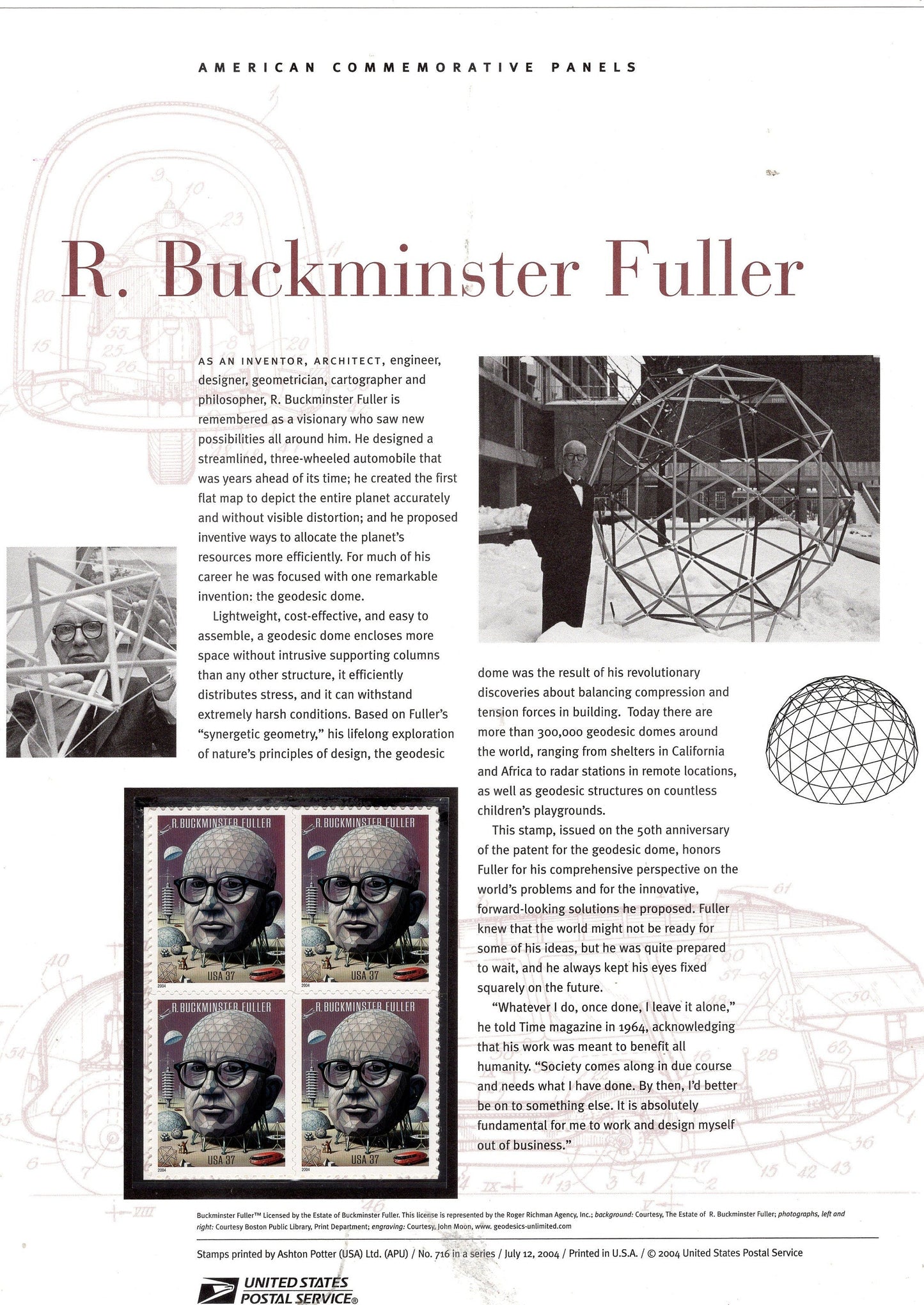 BUCKMINSTER FULLER Inventor Designer Commemorative Panel with Block of 4