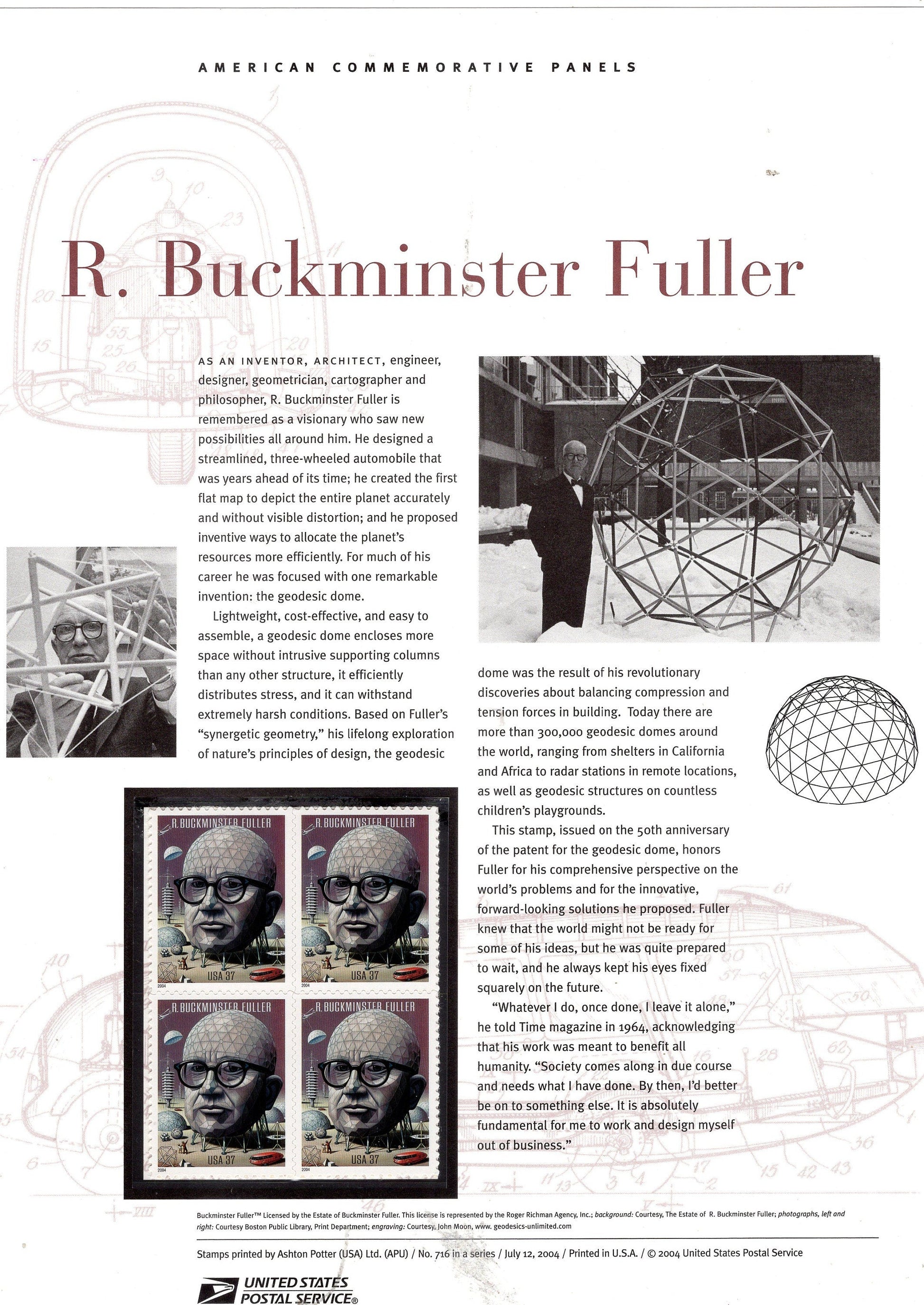 BUCKMINSTER FULLER Inventor Designer Commemorative Panel with Block of 4