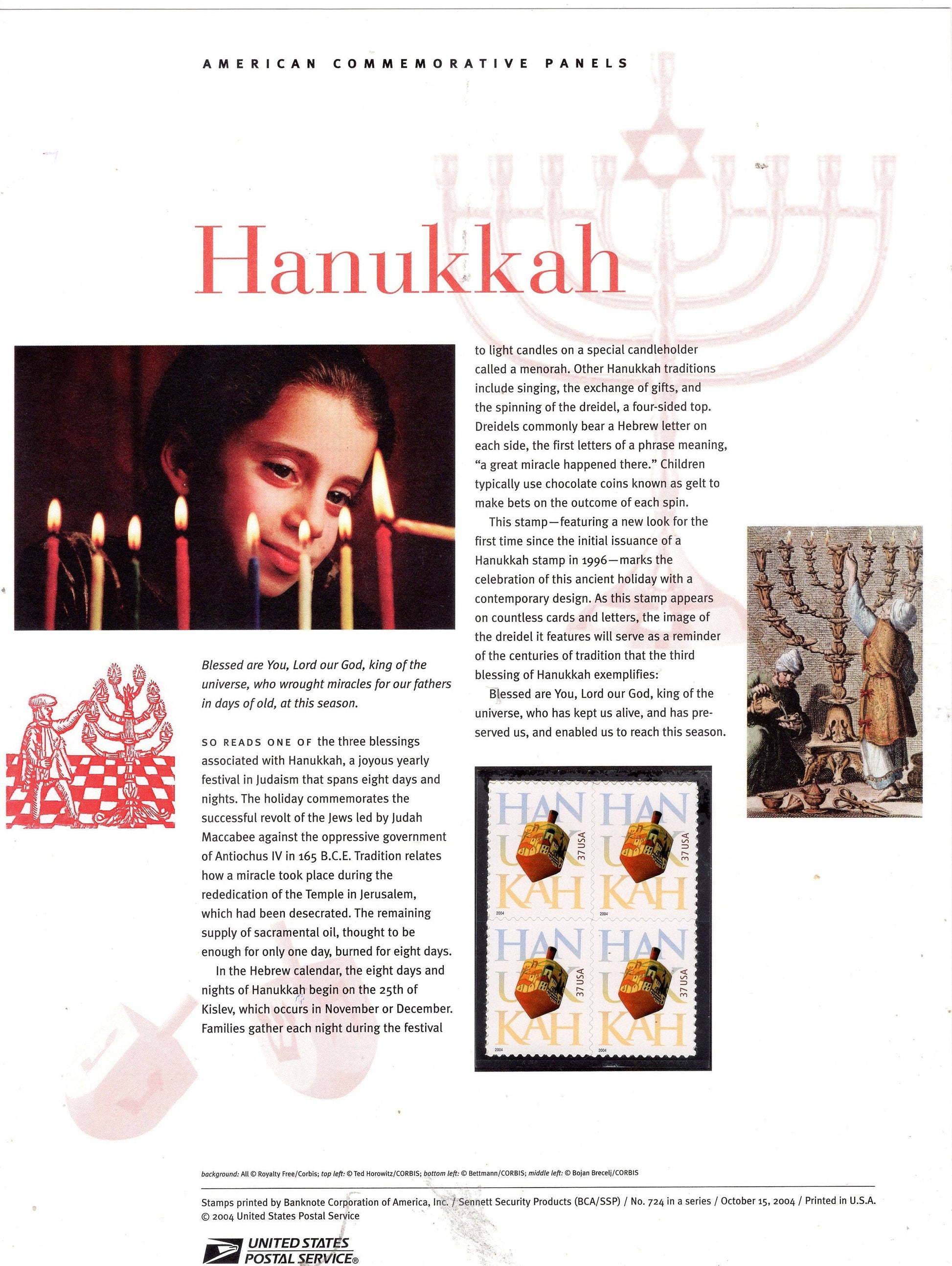 HANUKKAH CANDLES DREIDEL Festival Menorah Commemorative Panel with Block of 4