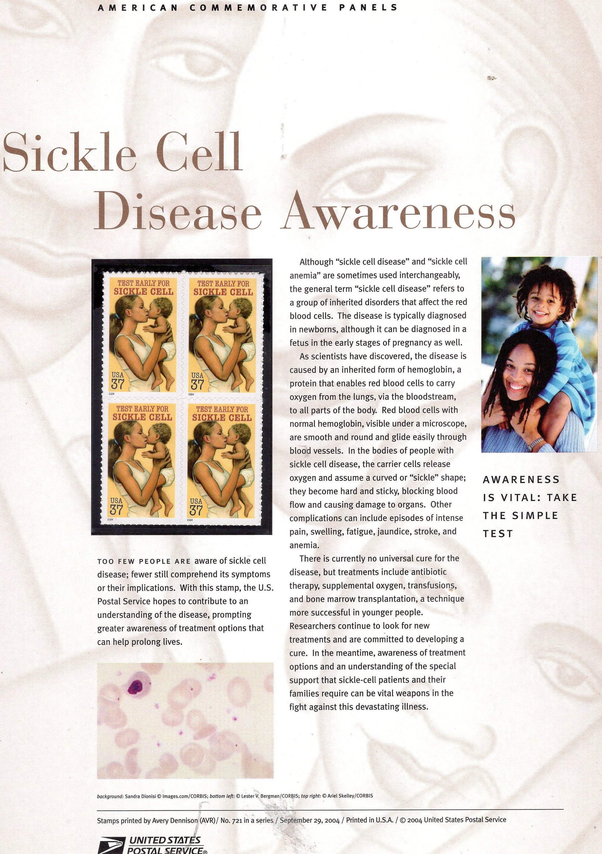 SICKLE CELL DISEASE Awareness Hemoglobin Commemorative Panel with Block of 4