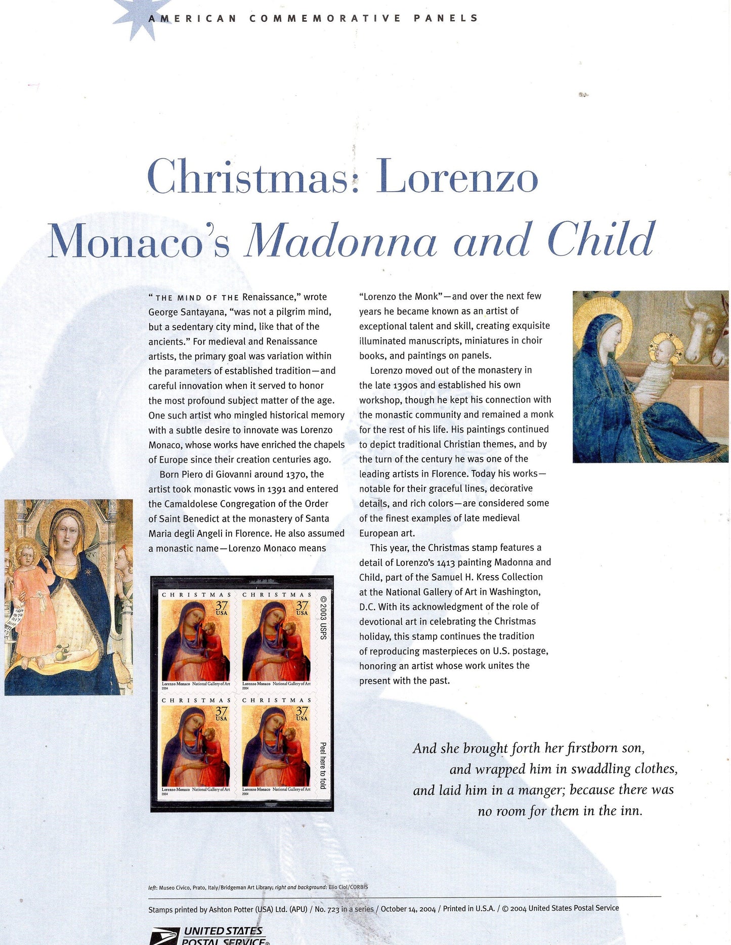 MADONNA CHILD CHRISTMAS Lorenzo Monaco Commemorative Panel with Block of 4