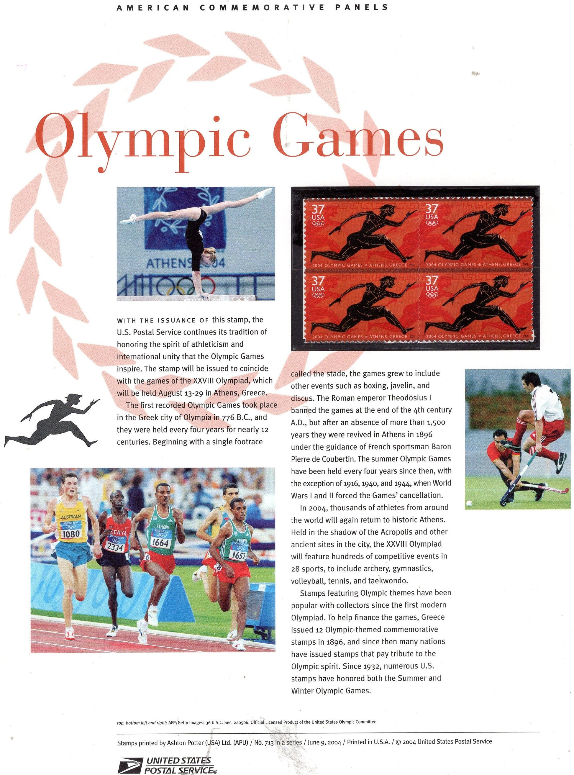 OLYMPIC GAMES ATHENS Sports Classic Runner Commemorative Panel with Block 4