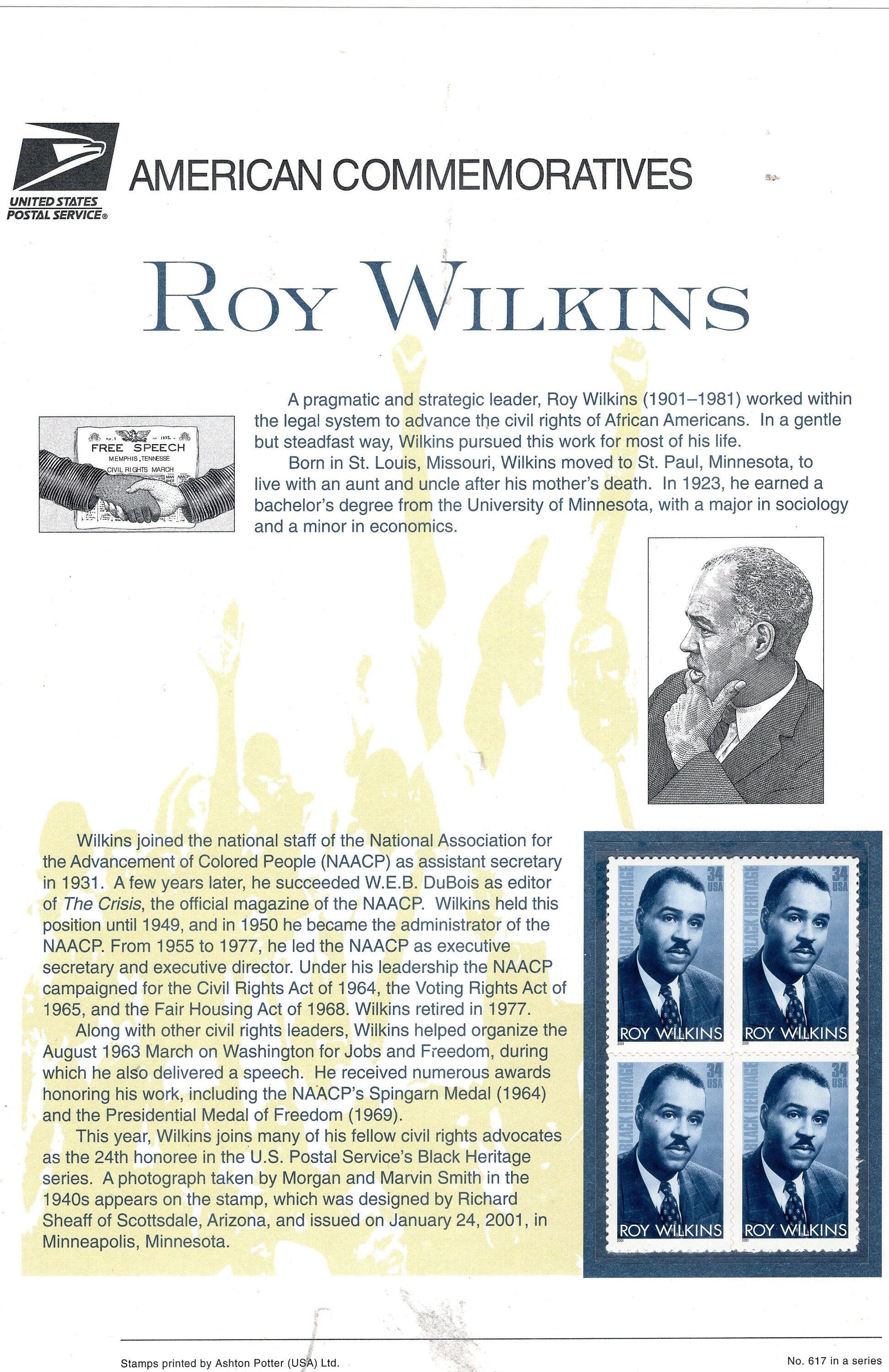 ROY WILKINS NAACP Black Americans Civil Rights Commemorative Panel w/ Block of 4