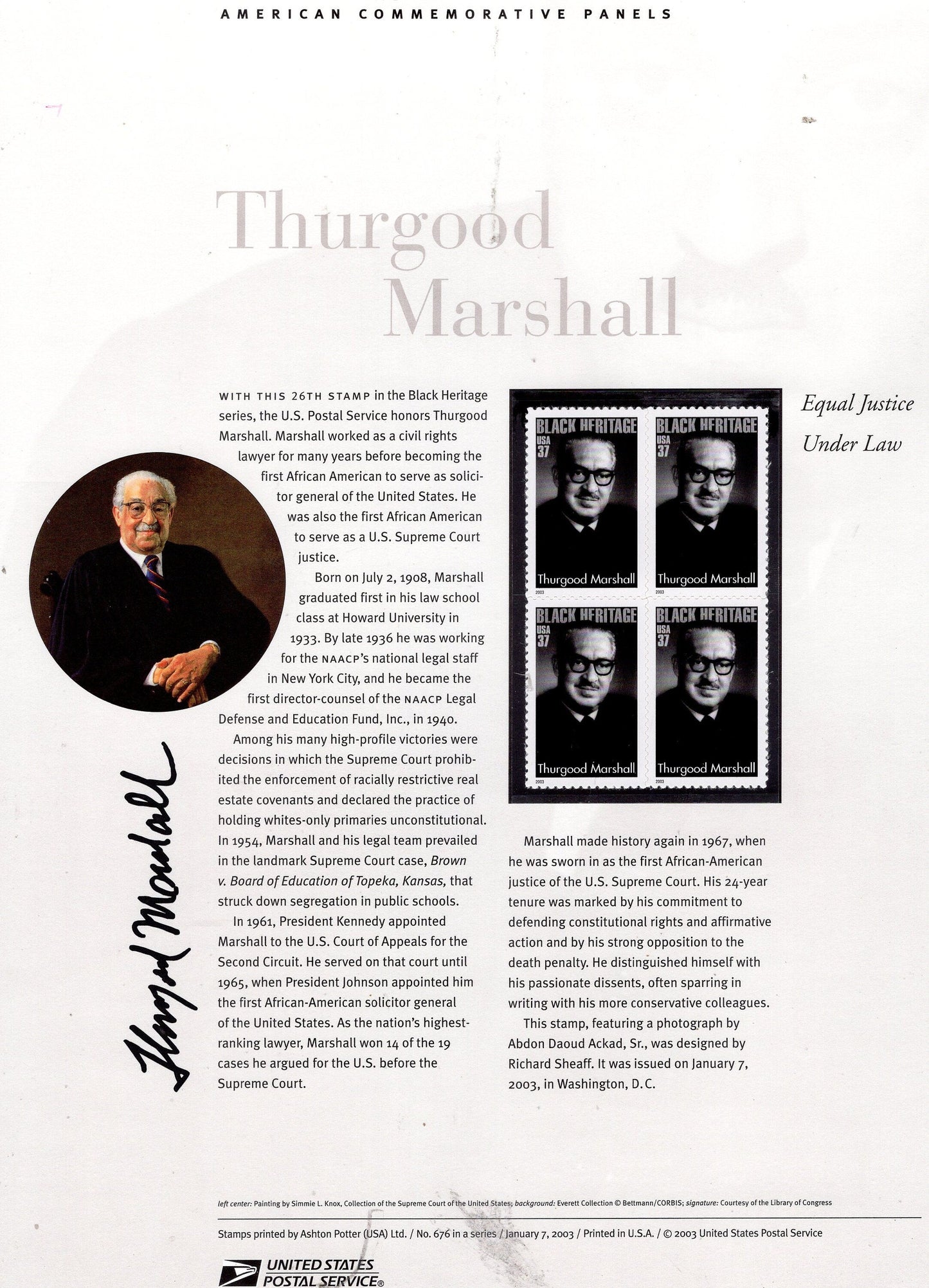 THURGOOD MARSHALL Black American Supreme Court Commemorative Panel with Block of 4