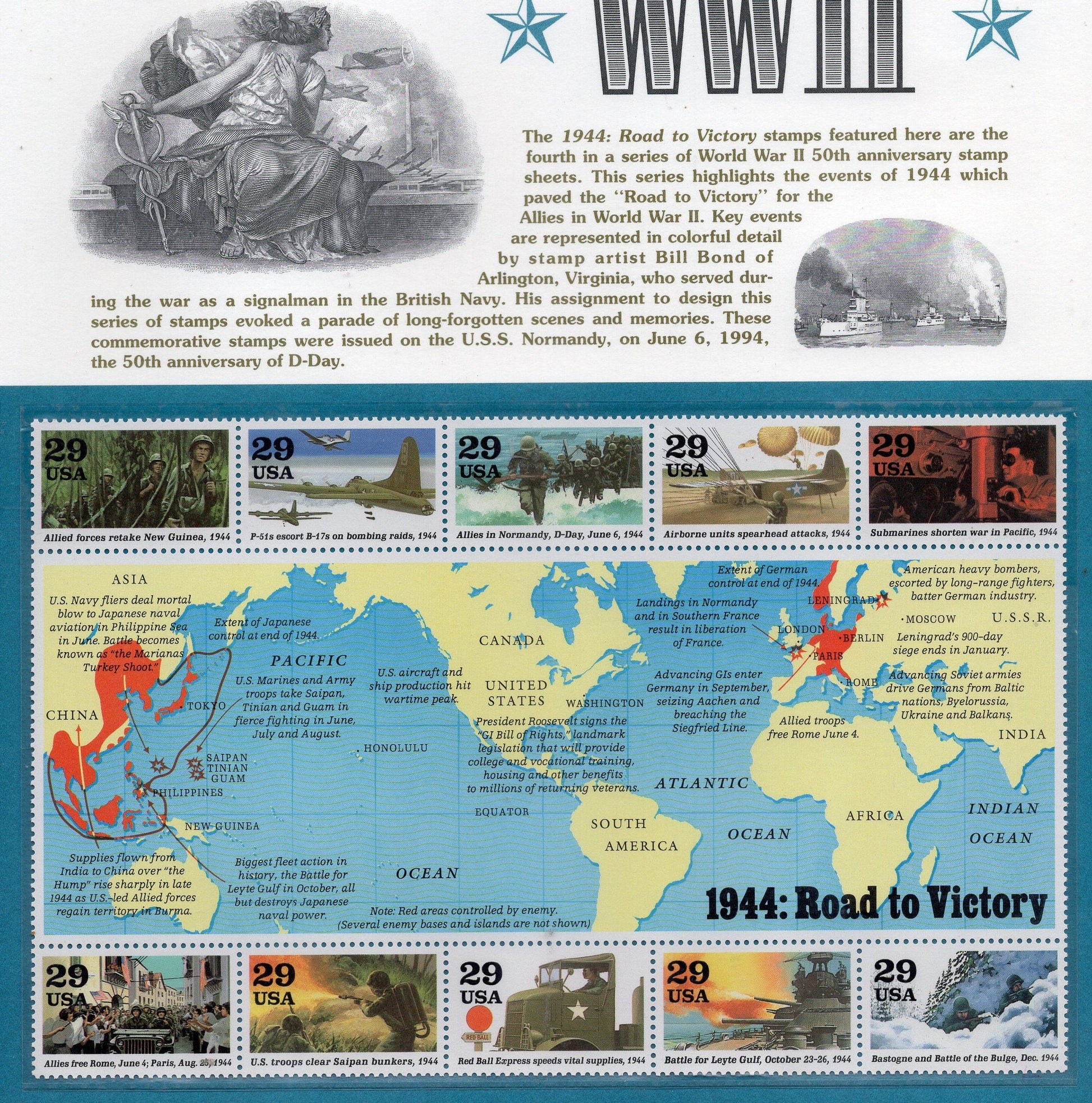 WORLD WAR 2 WWII 1944 Road to Victory Map Commemorative Panel with Sheet of 10