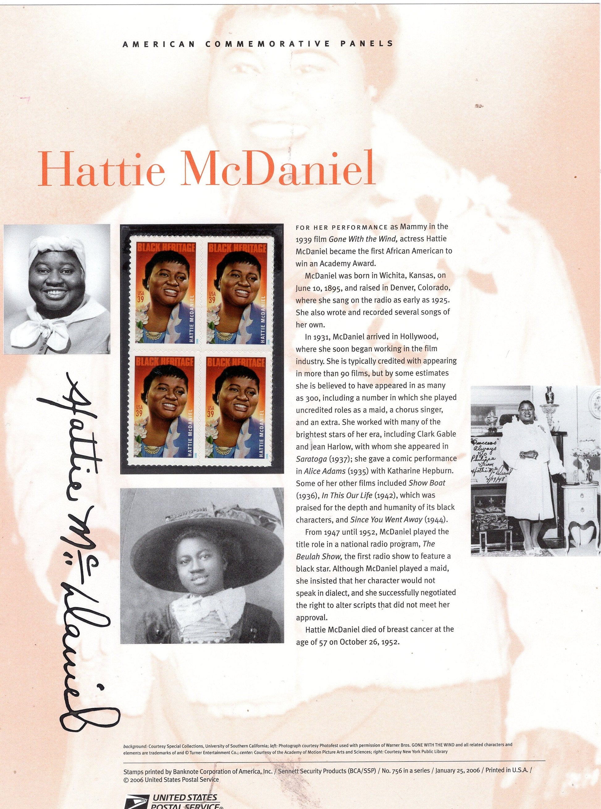 HATTIE McDANIEL Black American Actress Actor Commemorative Panel with Block of 4