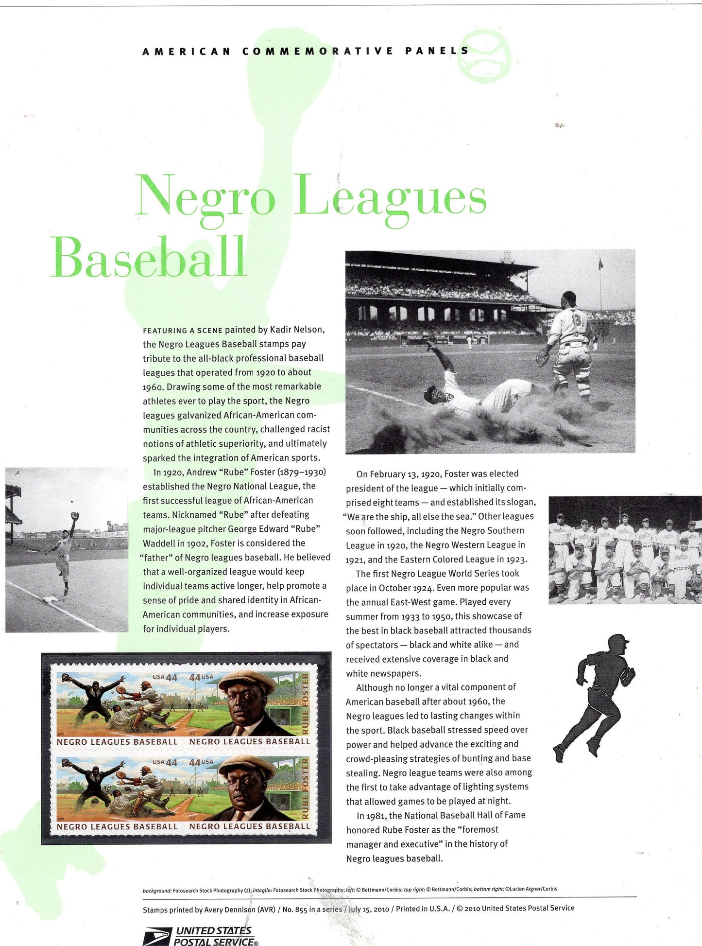 NEGRO LEAGUES BASEBALL Black Americans Heritage Commemorative Panel Block of 4