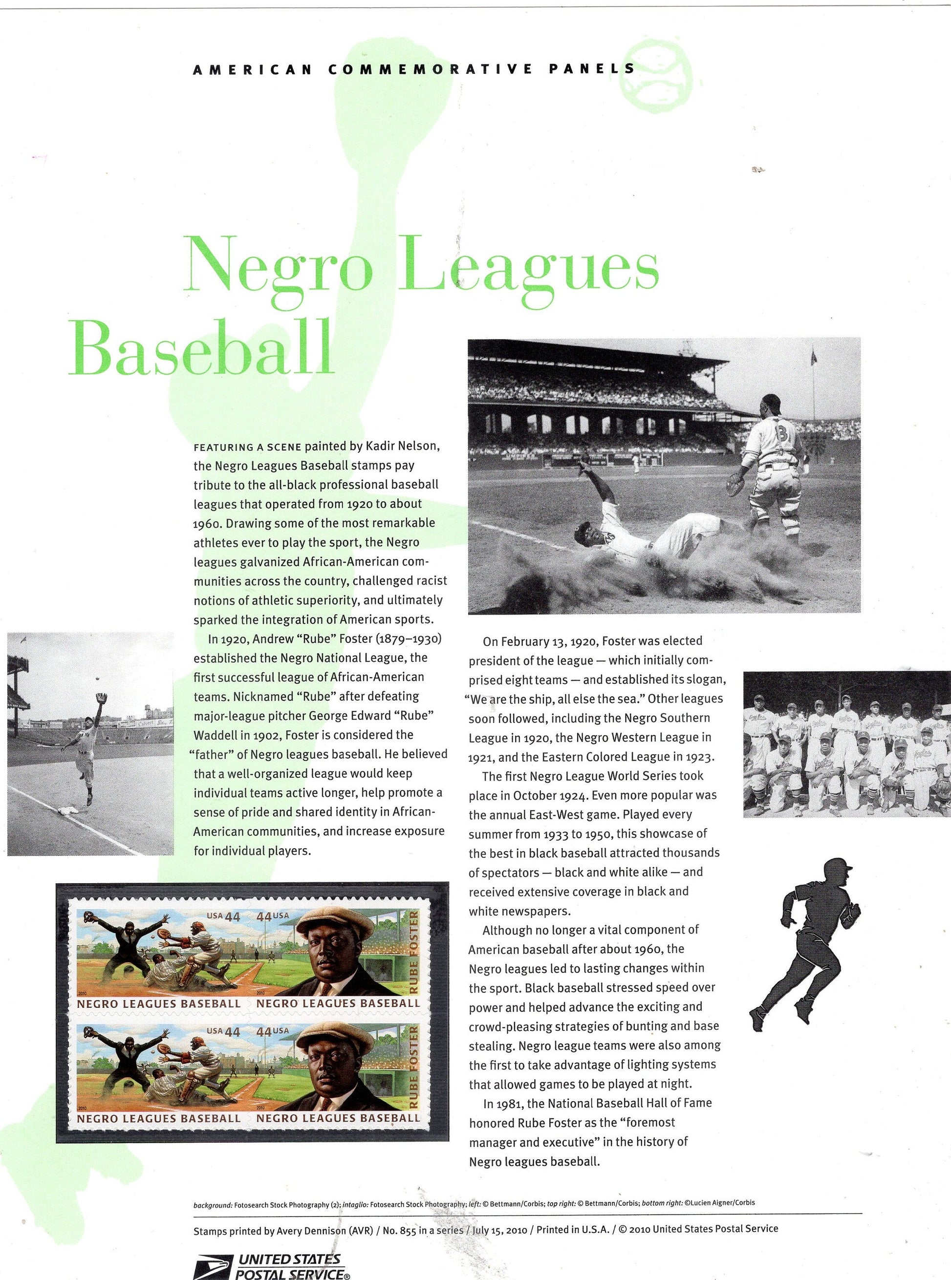 NEGRO LEAGUES BASEBALL Black Americans Heritage Commemorative Panel Block of 4
