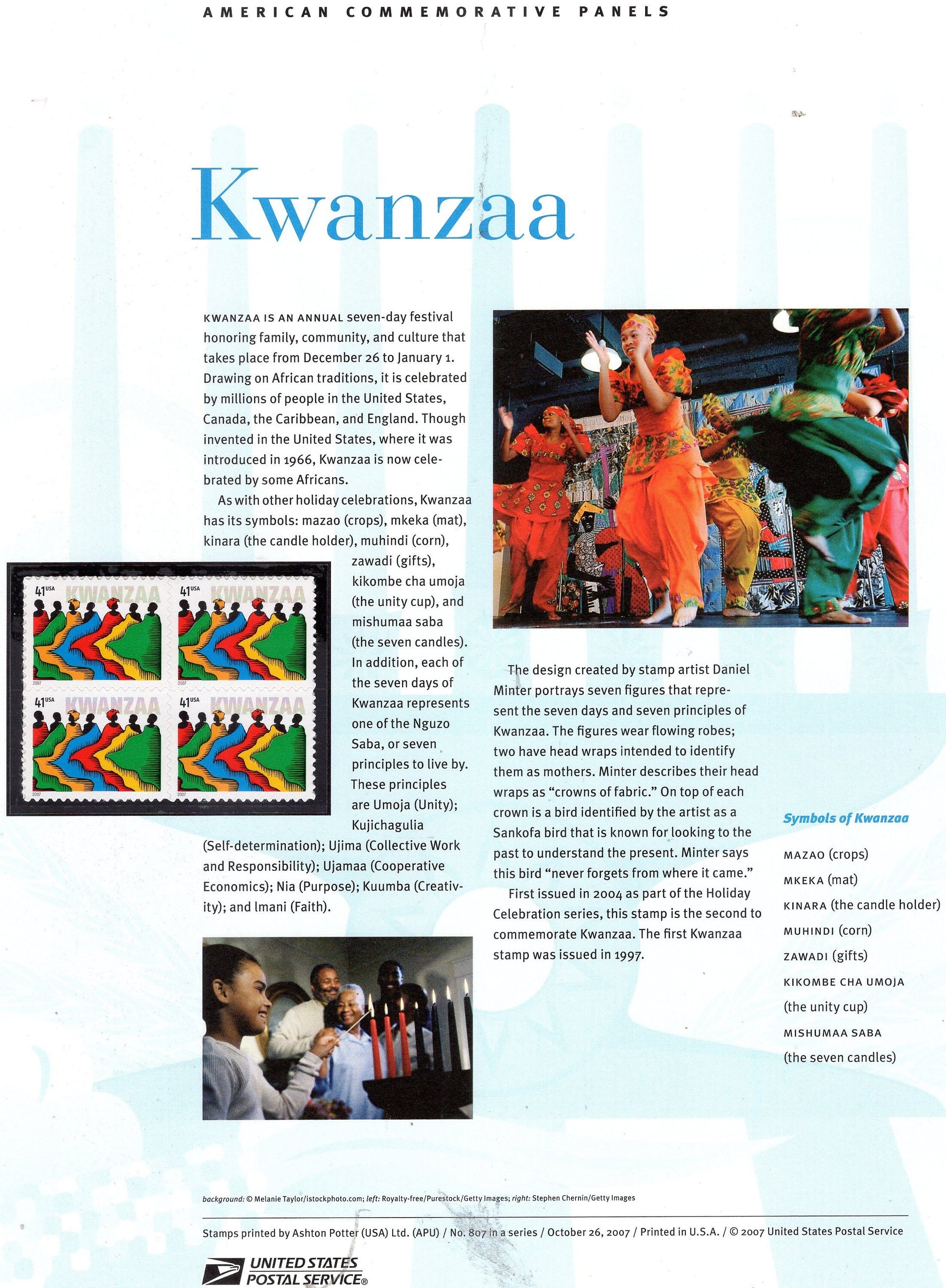 KWANZAA FESTIVAL SYMBOLS Black Heritage Crops Family Commemorative Panel w/ Block 4