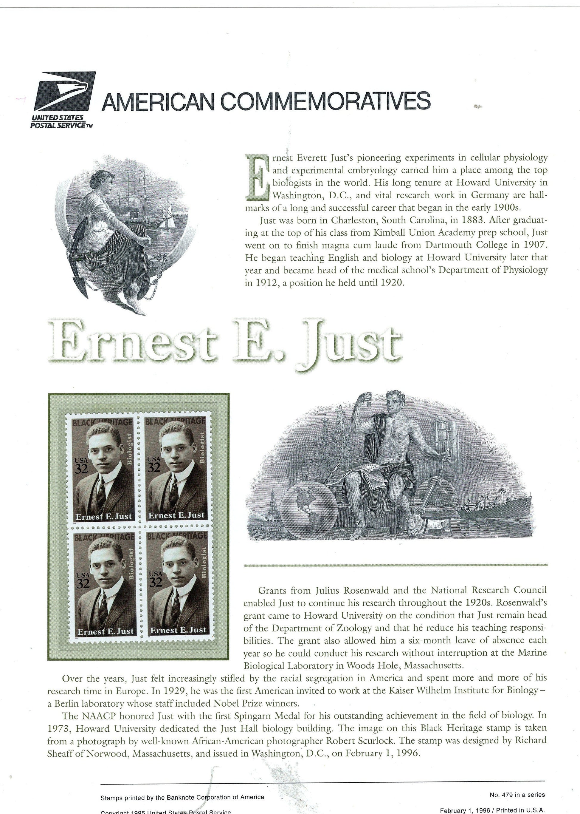 DR ERNEST JUST Black Heritage Scientist Medicine Commemorative Panel w/ Block 4