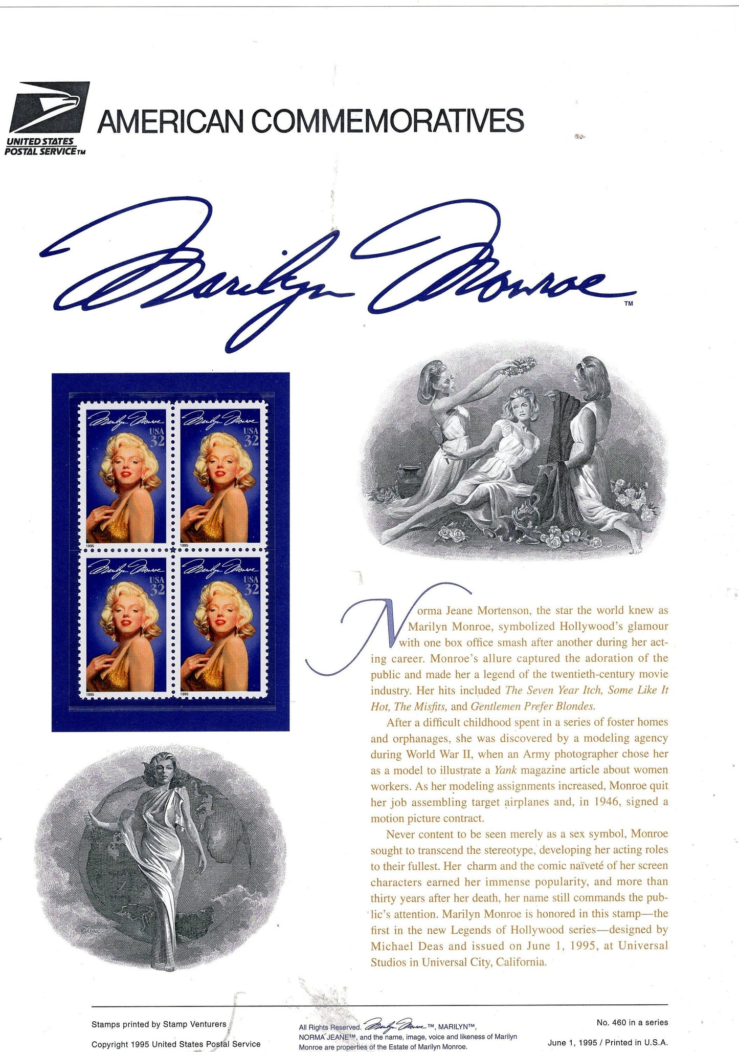 MARILYN MONROE ACTORESS Hollywood Movies Film Cinema Commemorative Panel w/ 4
