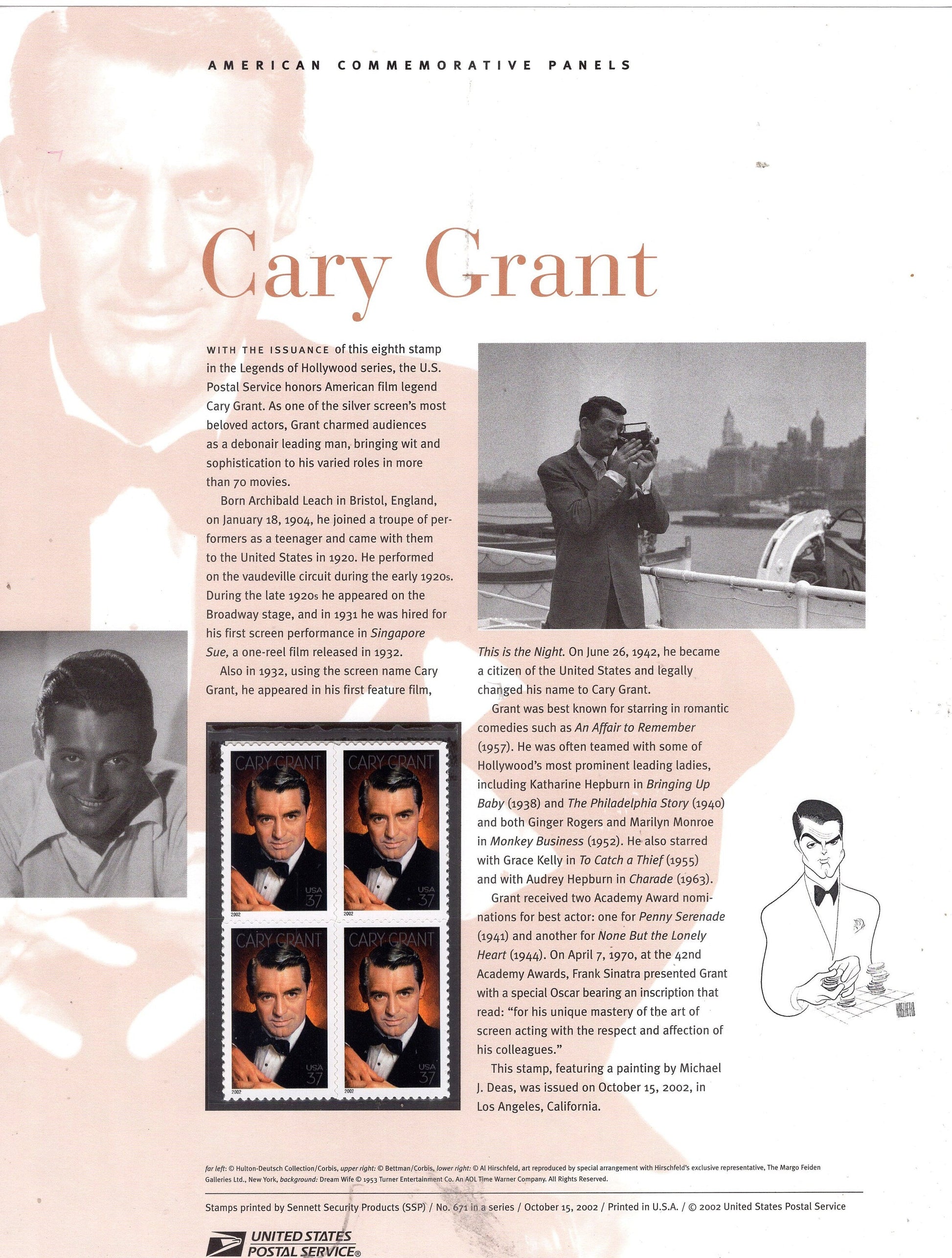 CARY GRANT HOLLYWOOD Legend Commemorative Panel w/ Block of 4