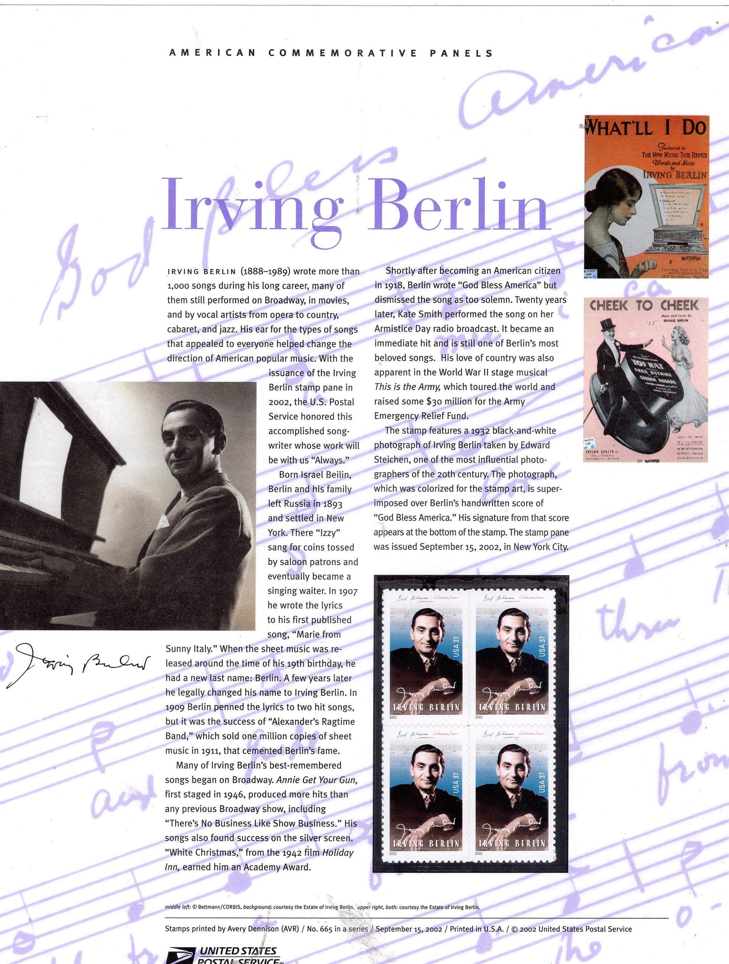COMPOSER IRVING BERLIN Commemorative Panel w/ Block of 4