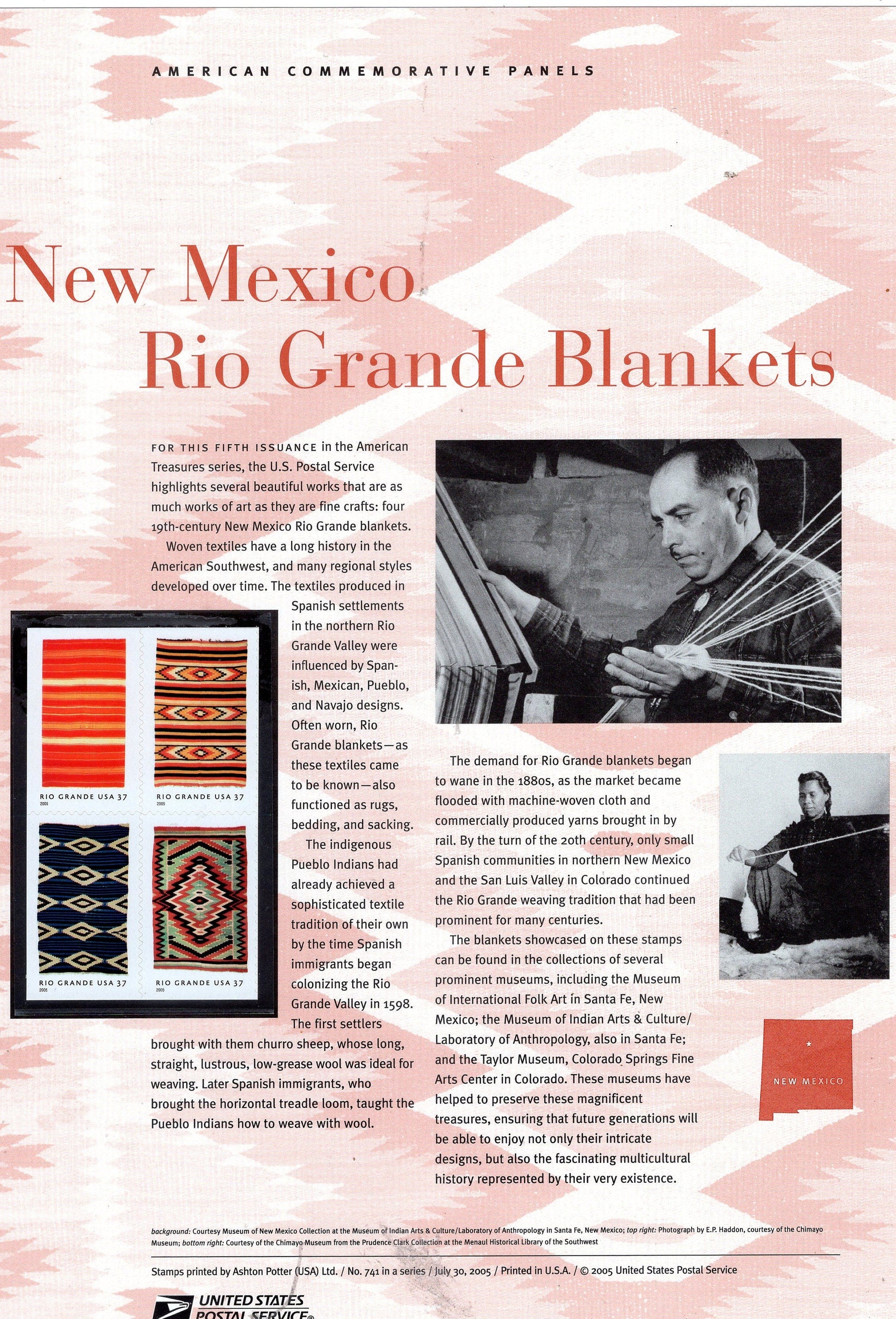 RIO GRANDE BLANKETS NMex Commemorative Panel w/ Block of 4