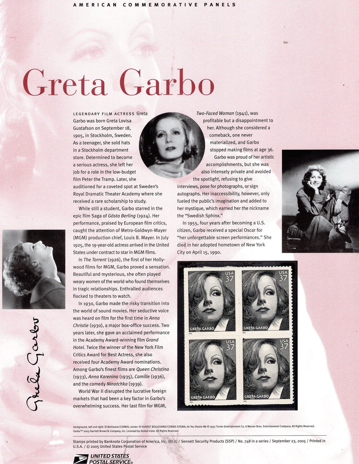 GRETA GARBO HOLLYWOOD Legend Commemorative Panel w/ Block of 4 Sk# 748