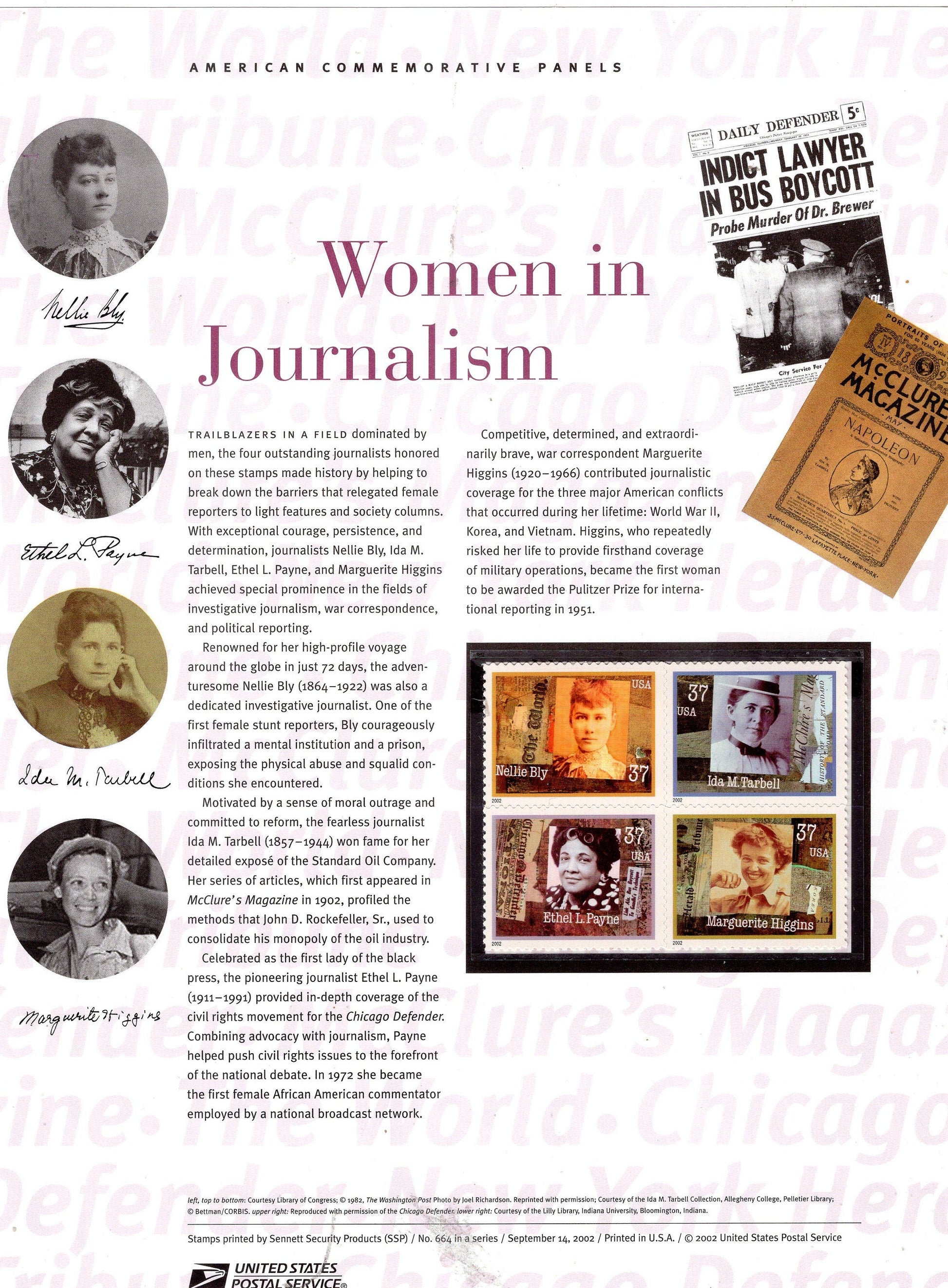 WOMEN in JOURNALISM BLY Payne Commemorative Panel w/ Block of 4 #664