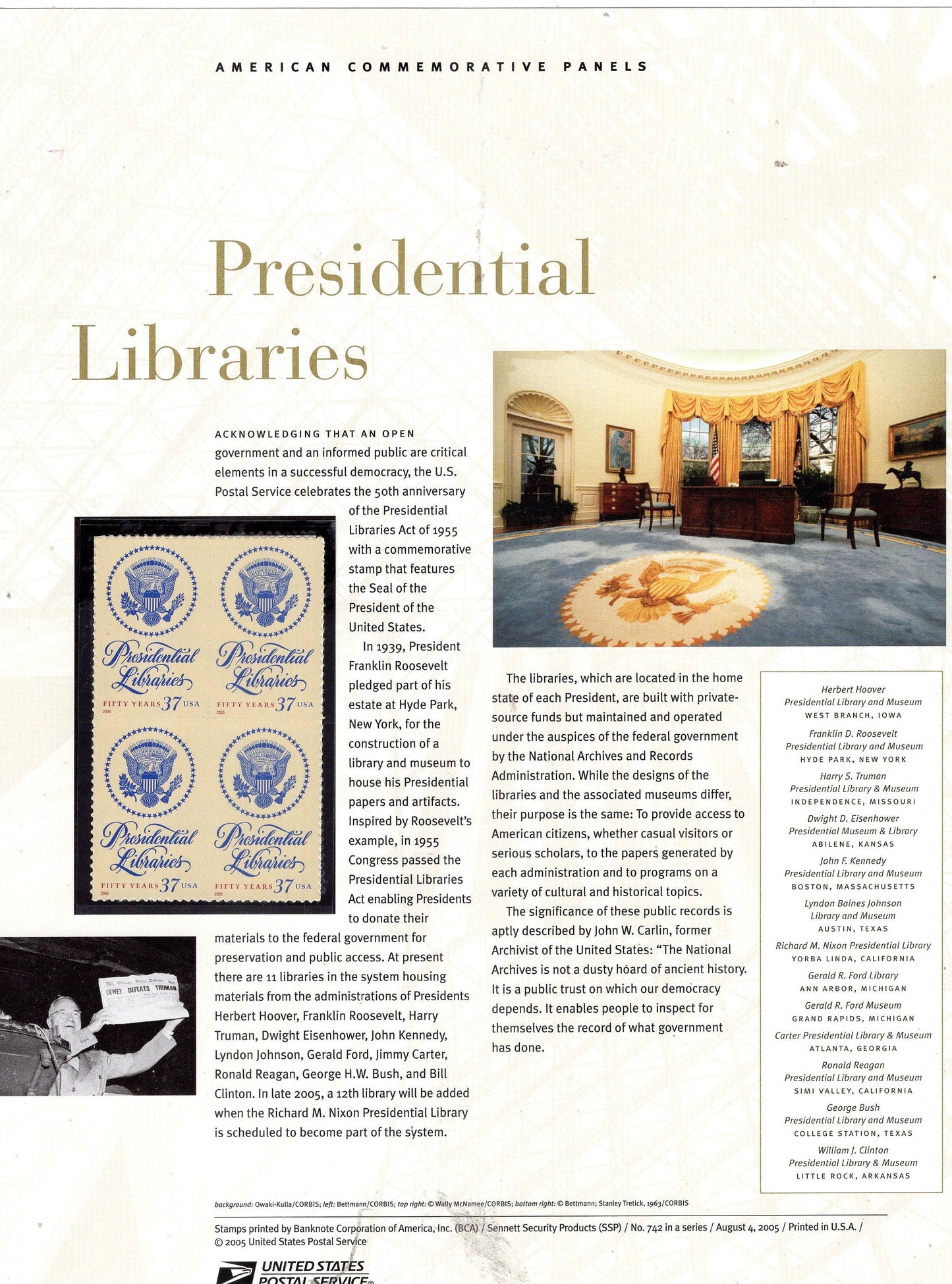 PRESIDENTIAL LIBRARY LIBRARIES Commemorative Panel w/ Block of 4 #742 zi