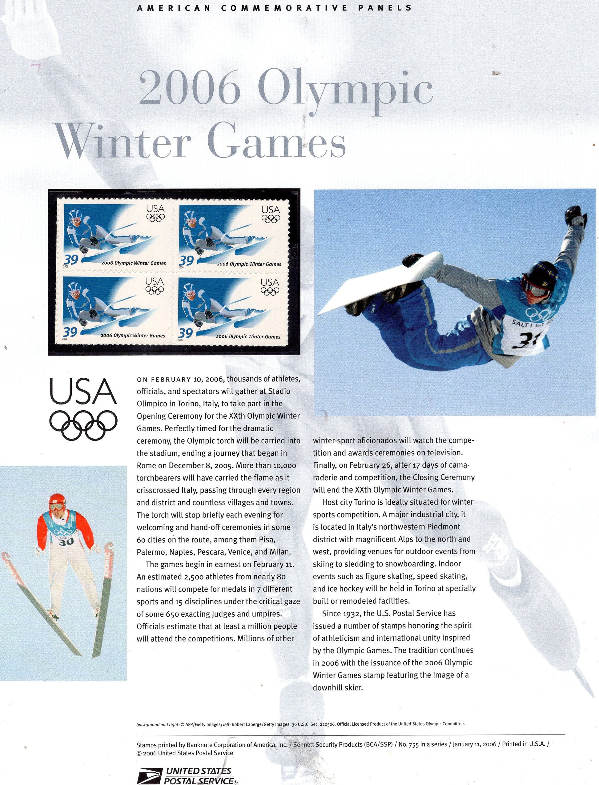 WINTER OLYMPICS SKI Boarding Commemorative Panel w/ Block of 4 #755