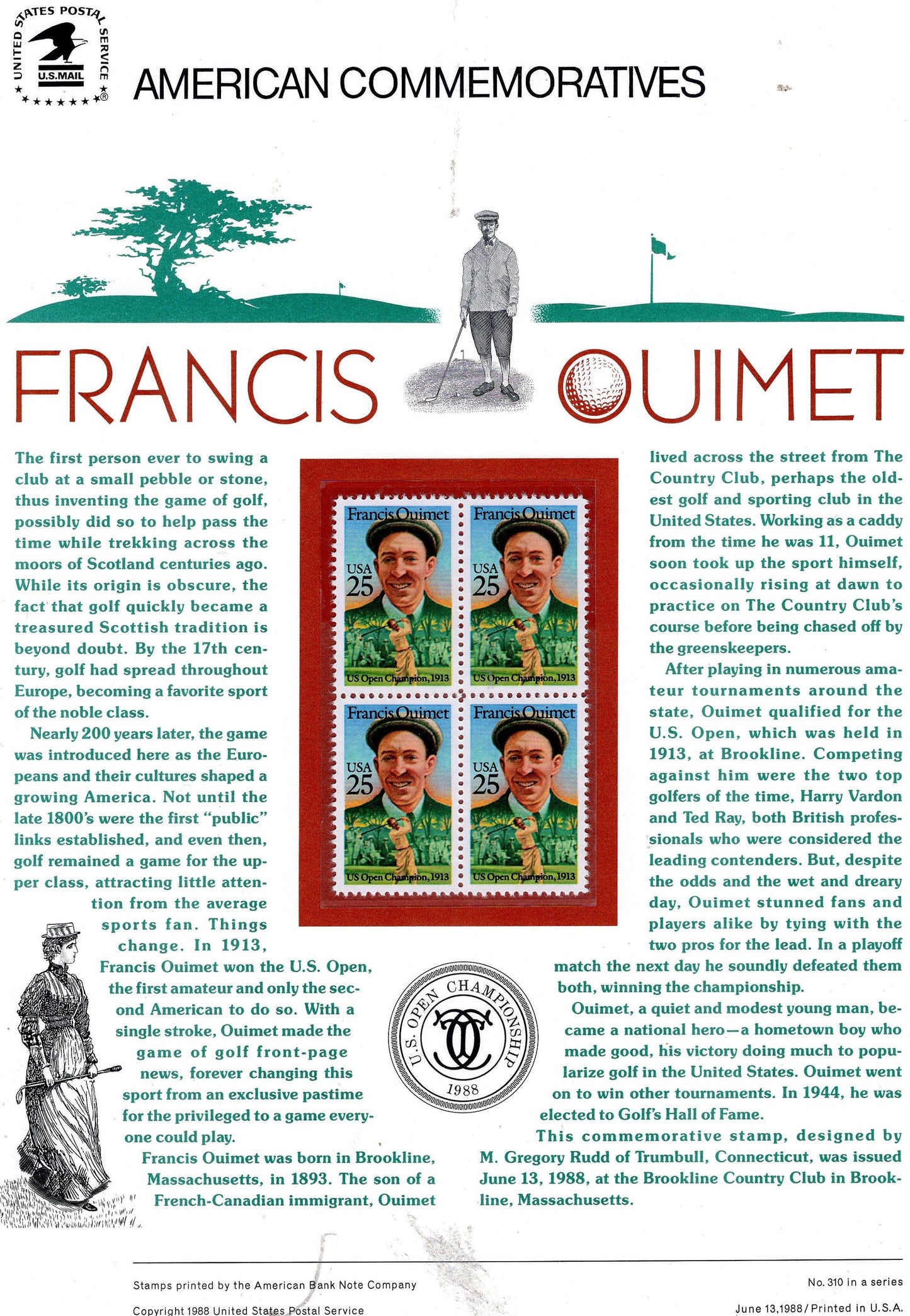 FRANCIS OUIMET GOLF Open Champion Commemorative Panel w/Block of 4