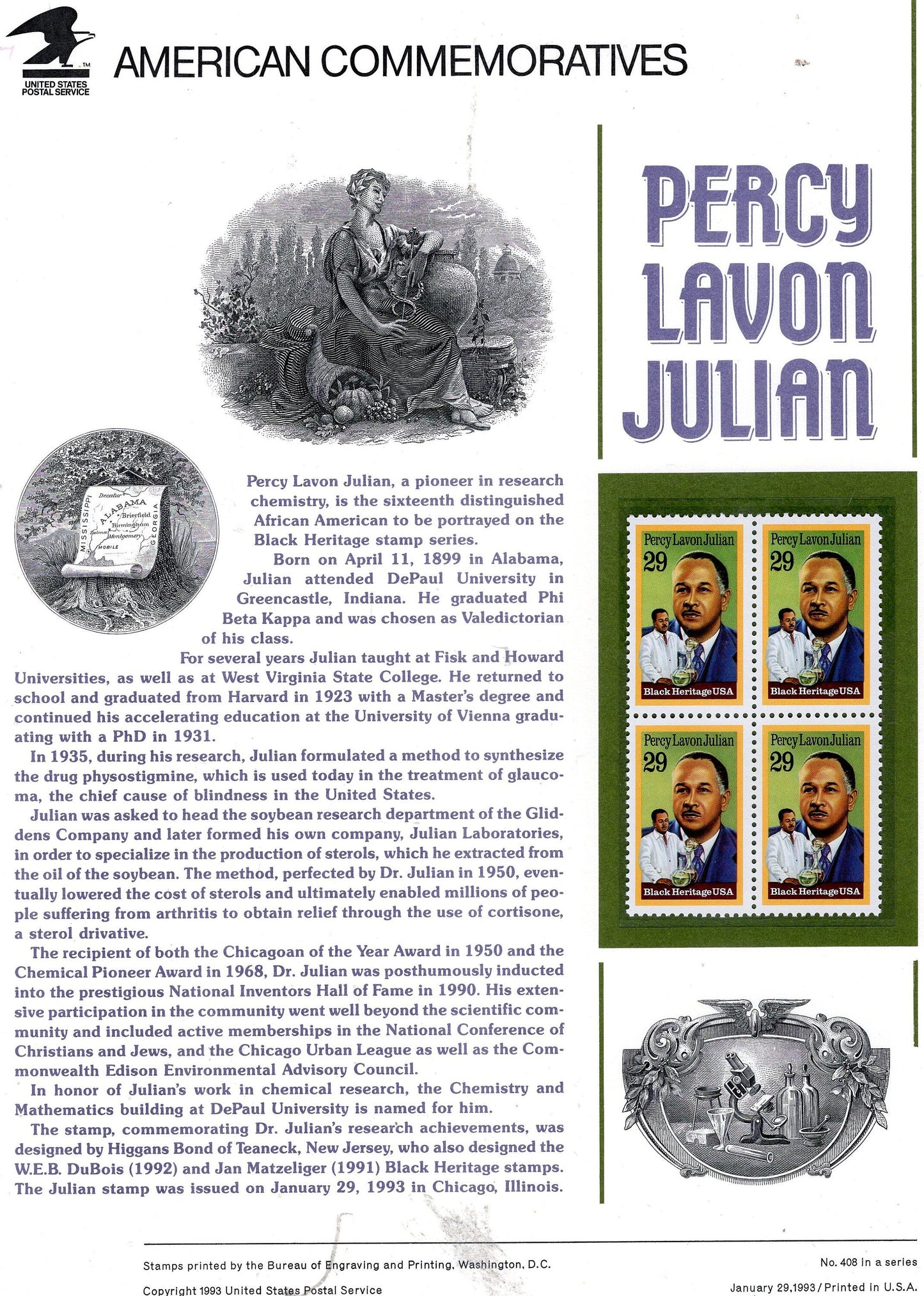 PERCY JULIAN BLACK Heritage Chemist Commemorative Panel w/Block of 4 - #408
