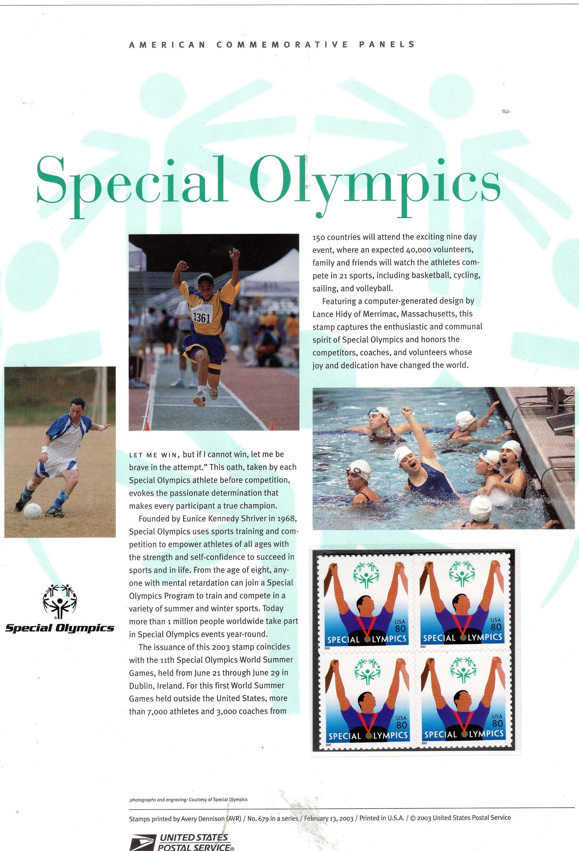 SPECIAL OLYMPICS SWIMMING Commemorative Panel w/ Block of 4