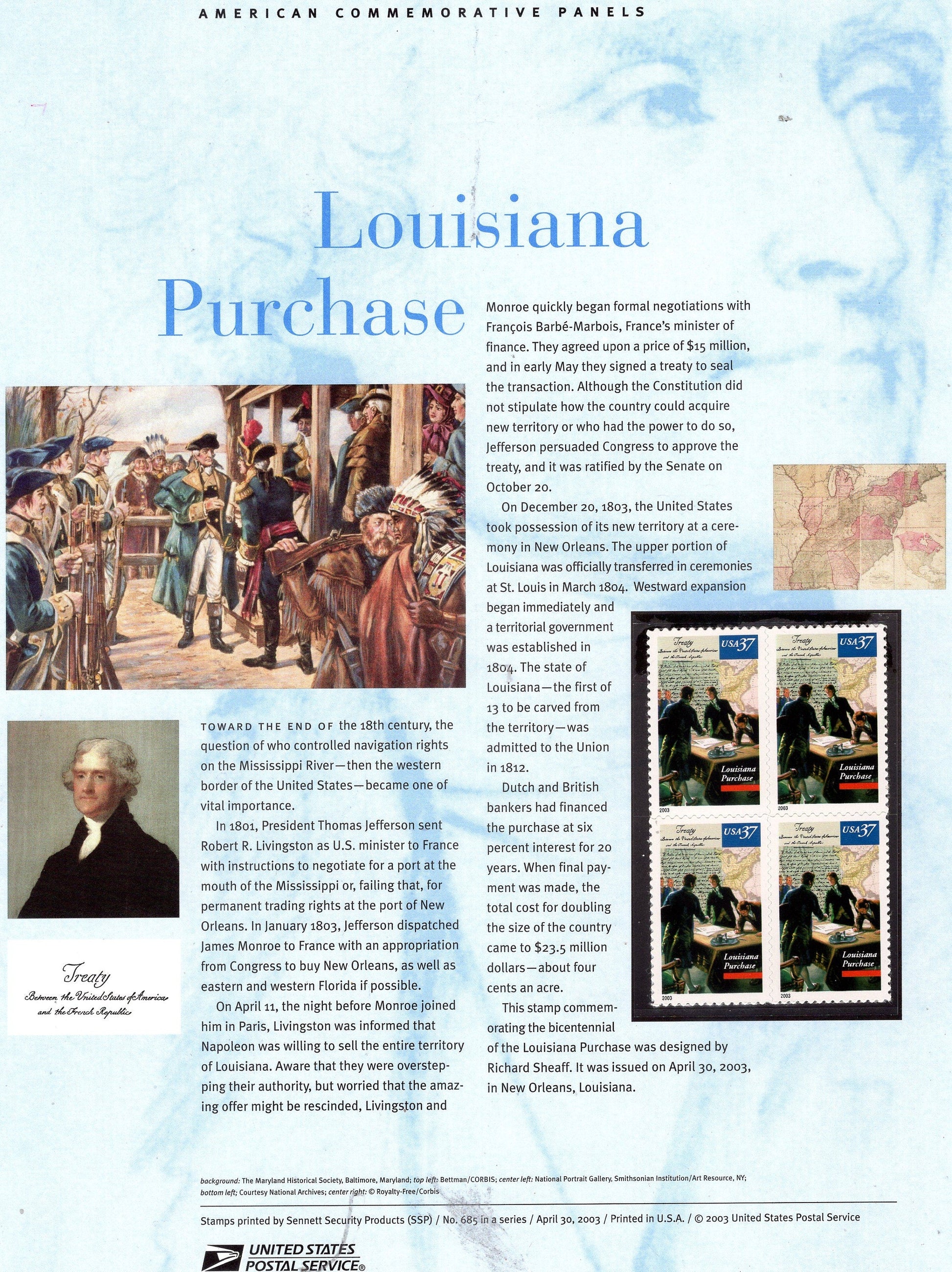 LOUISIANA PURCHASE MAP Commemorative Panel w/ Block of 4