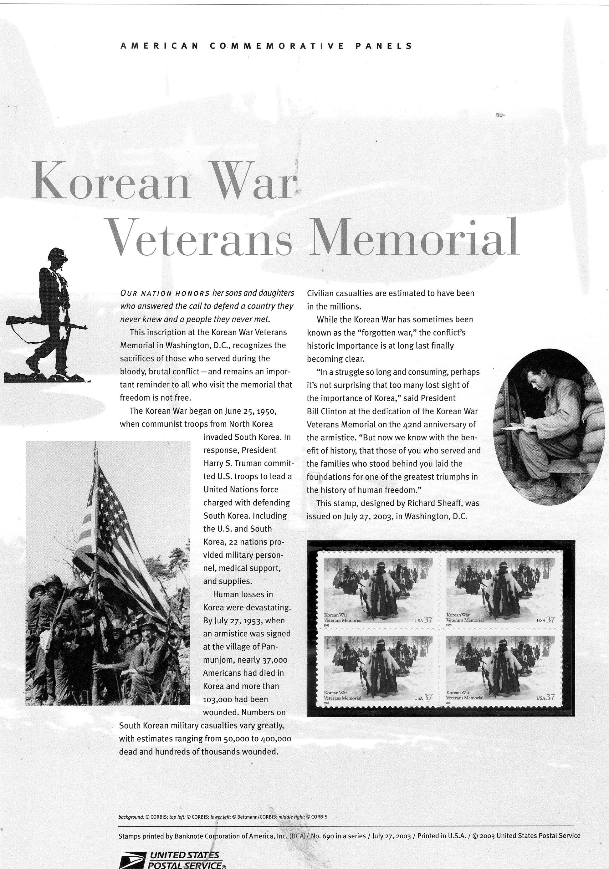KOREAN WAR VETERANS Memorial Commemorative Panel w/ Block of 4 690