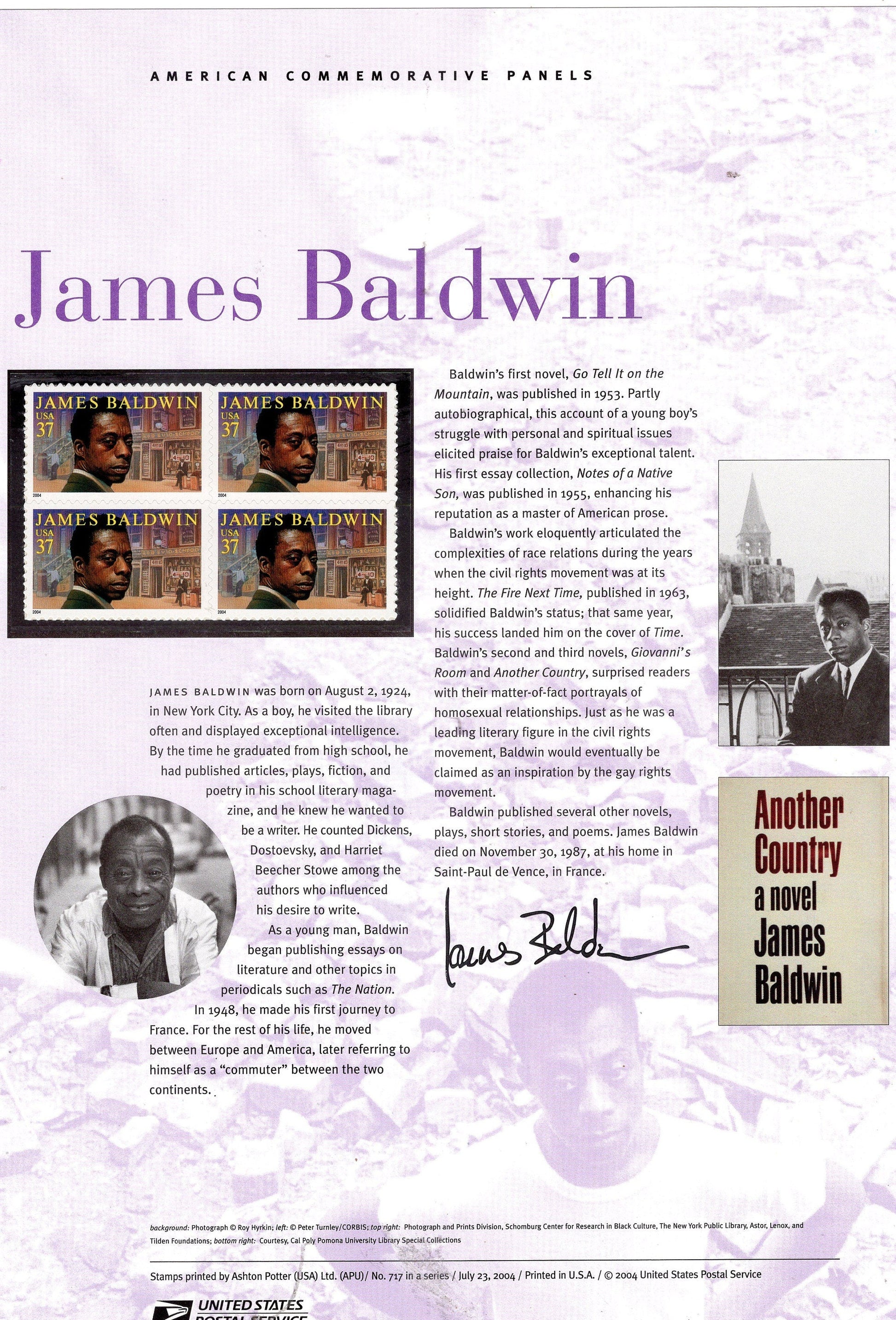 JAMES BALDWIN AUTHOR Writer Black American Commemorative Panel with Block of 4