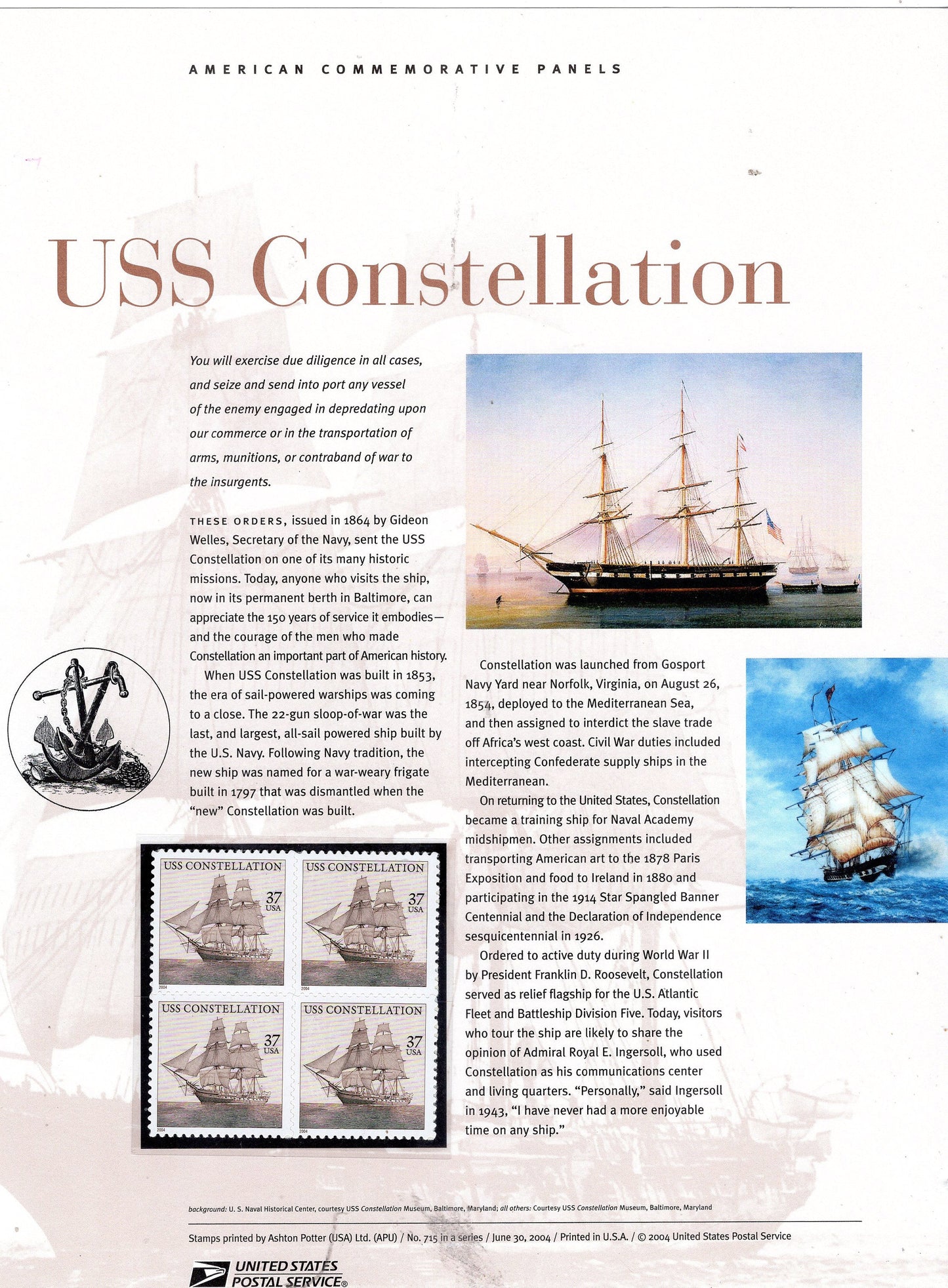 US CONSTELLATION NAVY Academy War Commemorative Panel with Block of 4