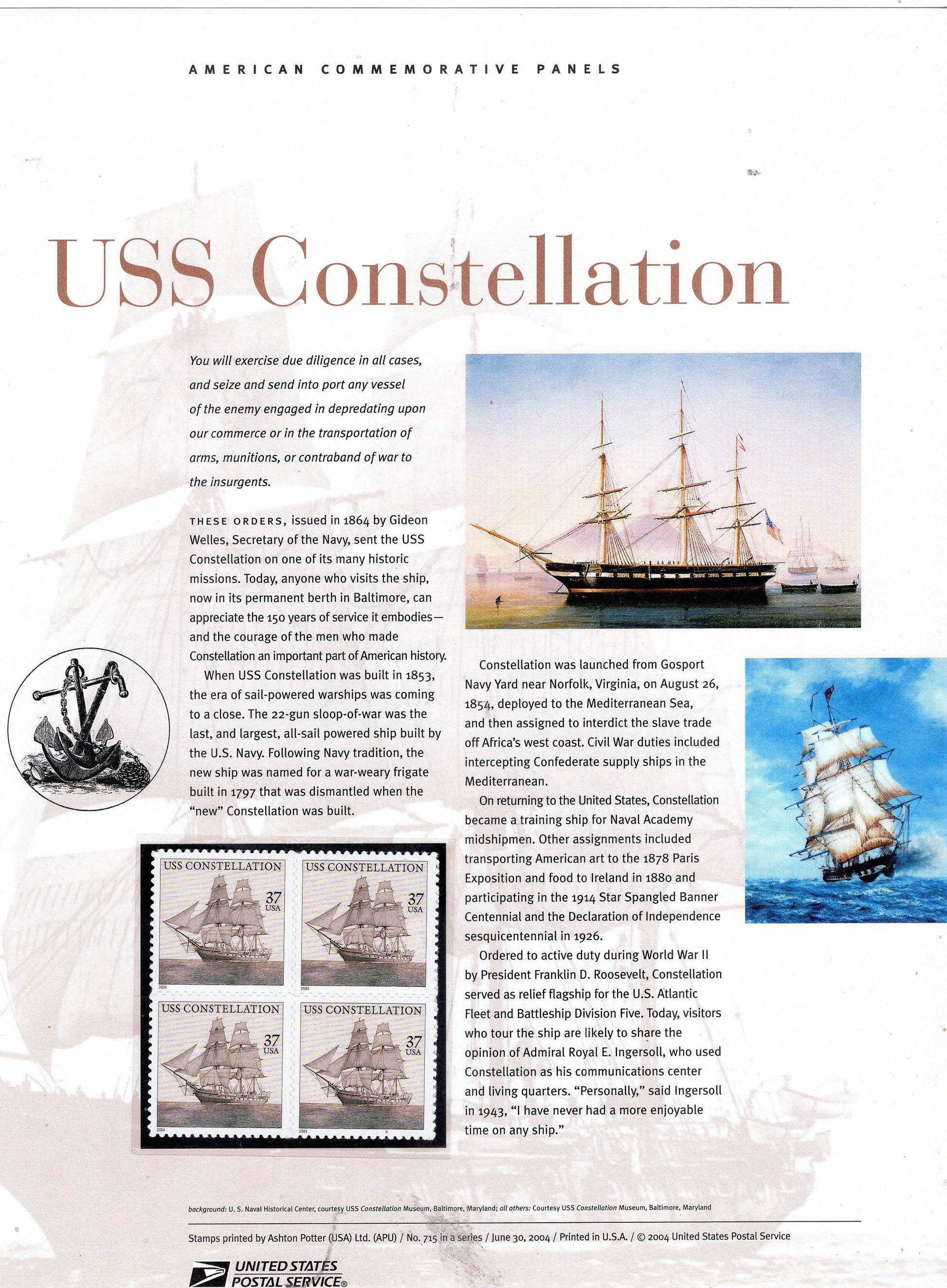 US CONSTELLATION NAVY Academy War Commemorative Panel with Block of 4
