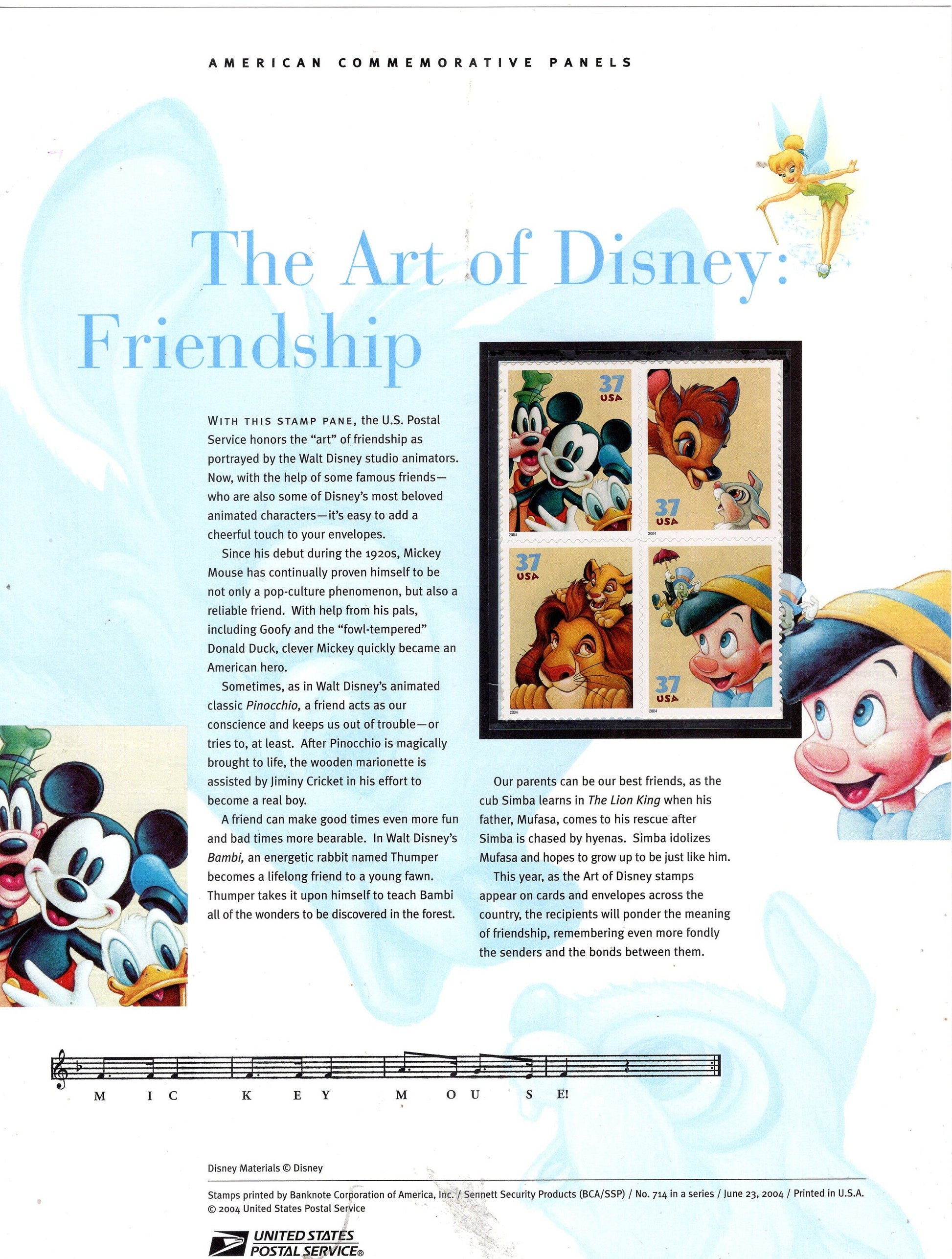 DISNEY FRIENDSHIP ART Mickey Pinocchio Simba Commemorative Panel with Block 4