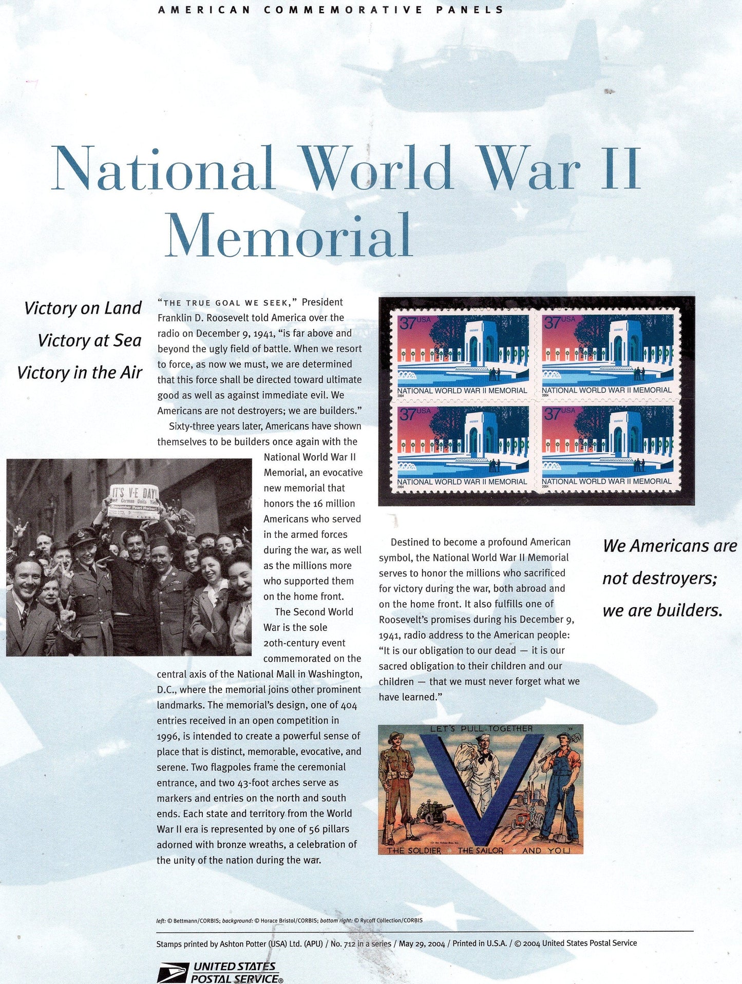 WORLD WAR II 2 Memorial Washington Victory Commemorative Panel with Block 4