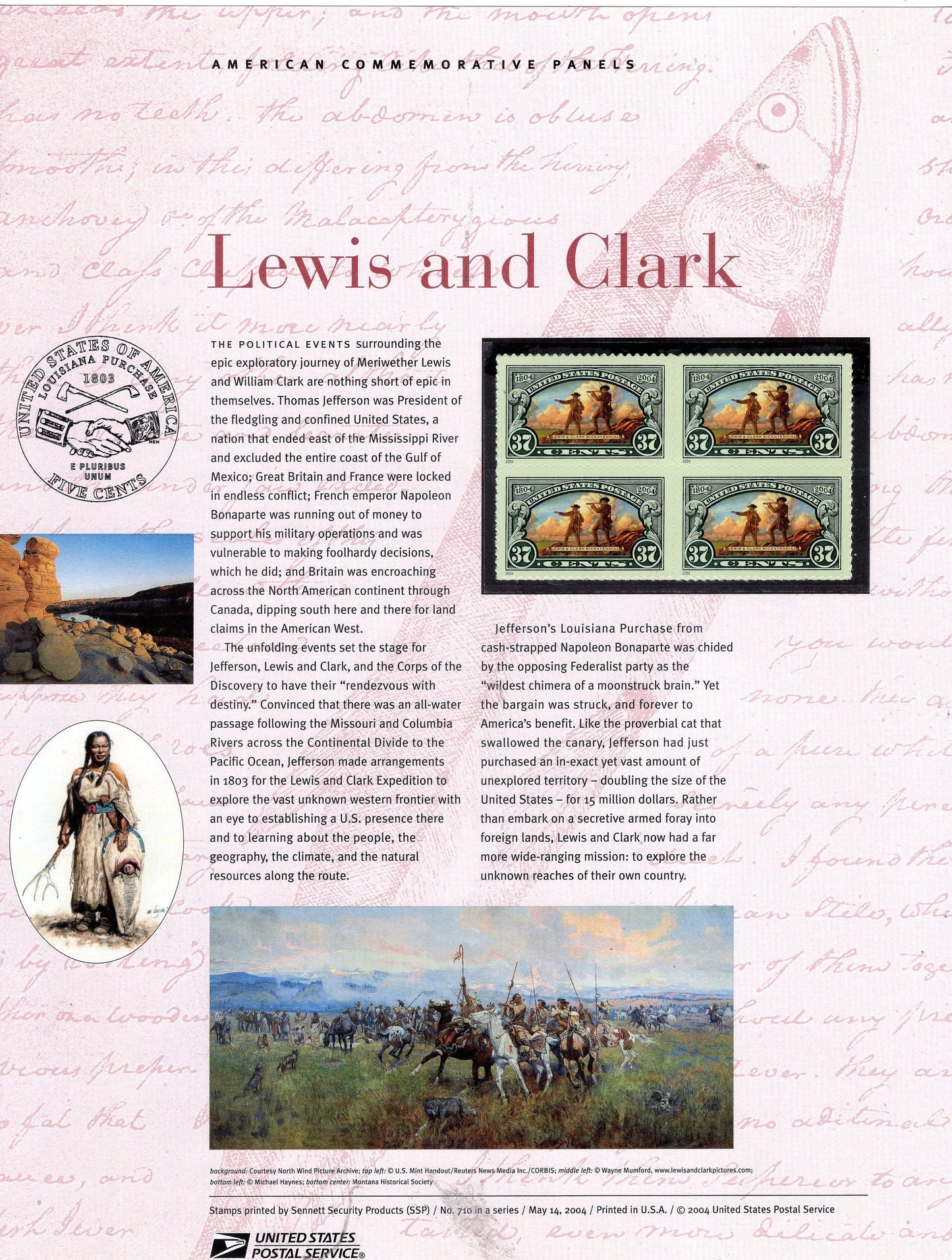 LEWIS and CLARK EXPEDITIONS Louisiana Purchase Commemorative Panel with Block 4