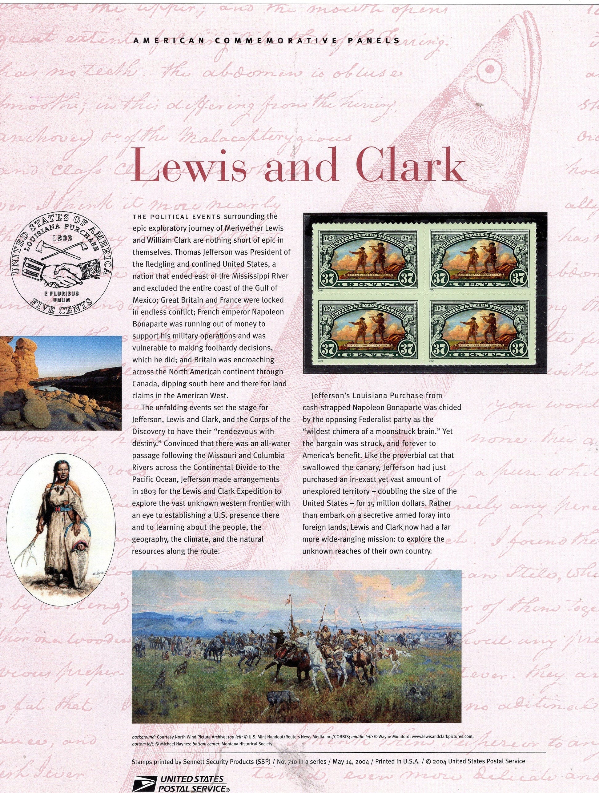 LEWIS and CLARK EXPEDITIONS Louisiana Purchase Commemorative Panel with Block 4