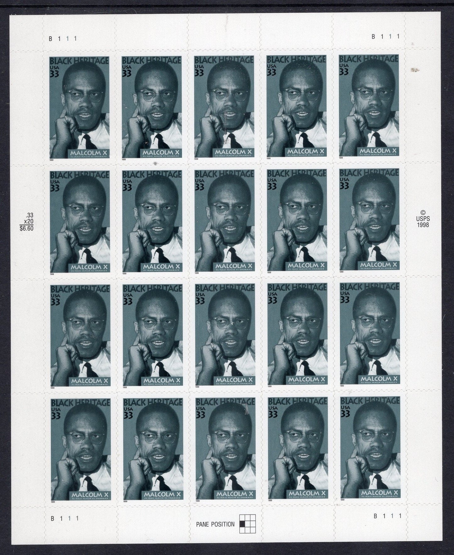 MALCOLM X CIVIL Rights Activist Black Heritage Muslim Minister Sheet of 20