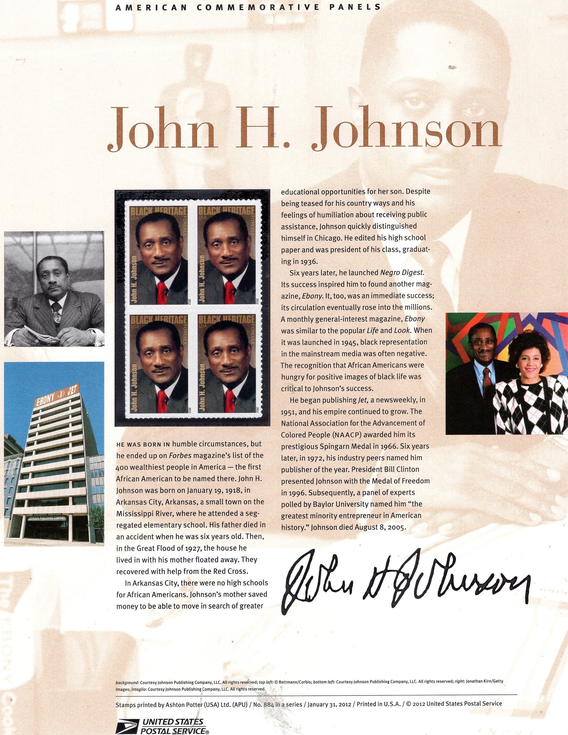 JOHN JOHNSON Black Heritage Businessman Ebony Commemorative Panel w/ Block of 4