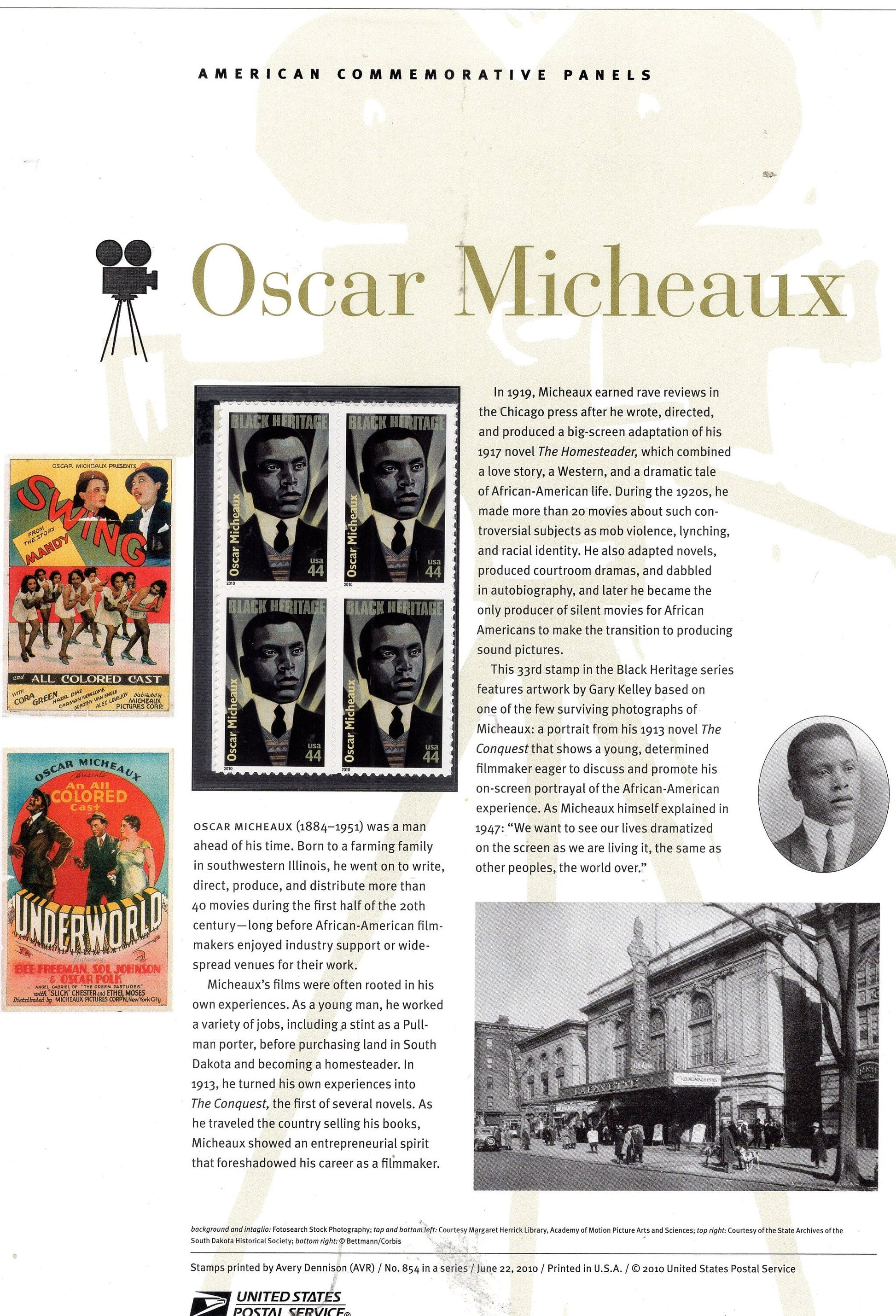 OSCAR MICHEAUX Black Heritage Movies Film Novelist Commemorative Panel w/ Block 4